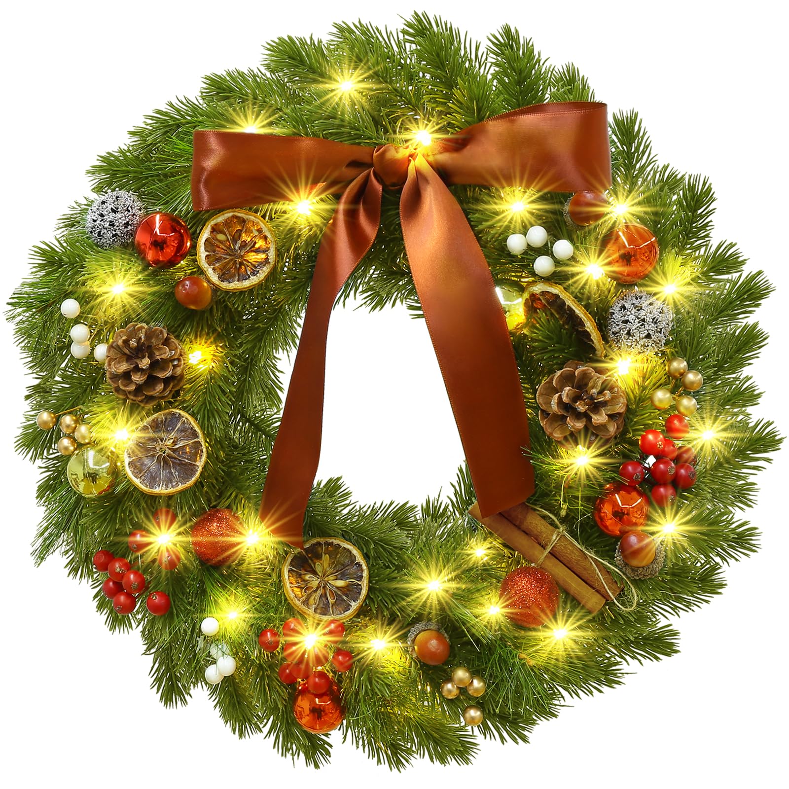 GlobaLink Couronne de Noël Porte 40 LEDs 40CM Couronne et Guirlandes de Noël Artificielle Minuterie à Piles Etanche IP44 Couronne de Noël Lumineuse Decoration pour Porte Entrée Mural Vitre Fenêtre