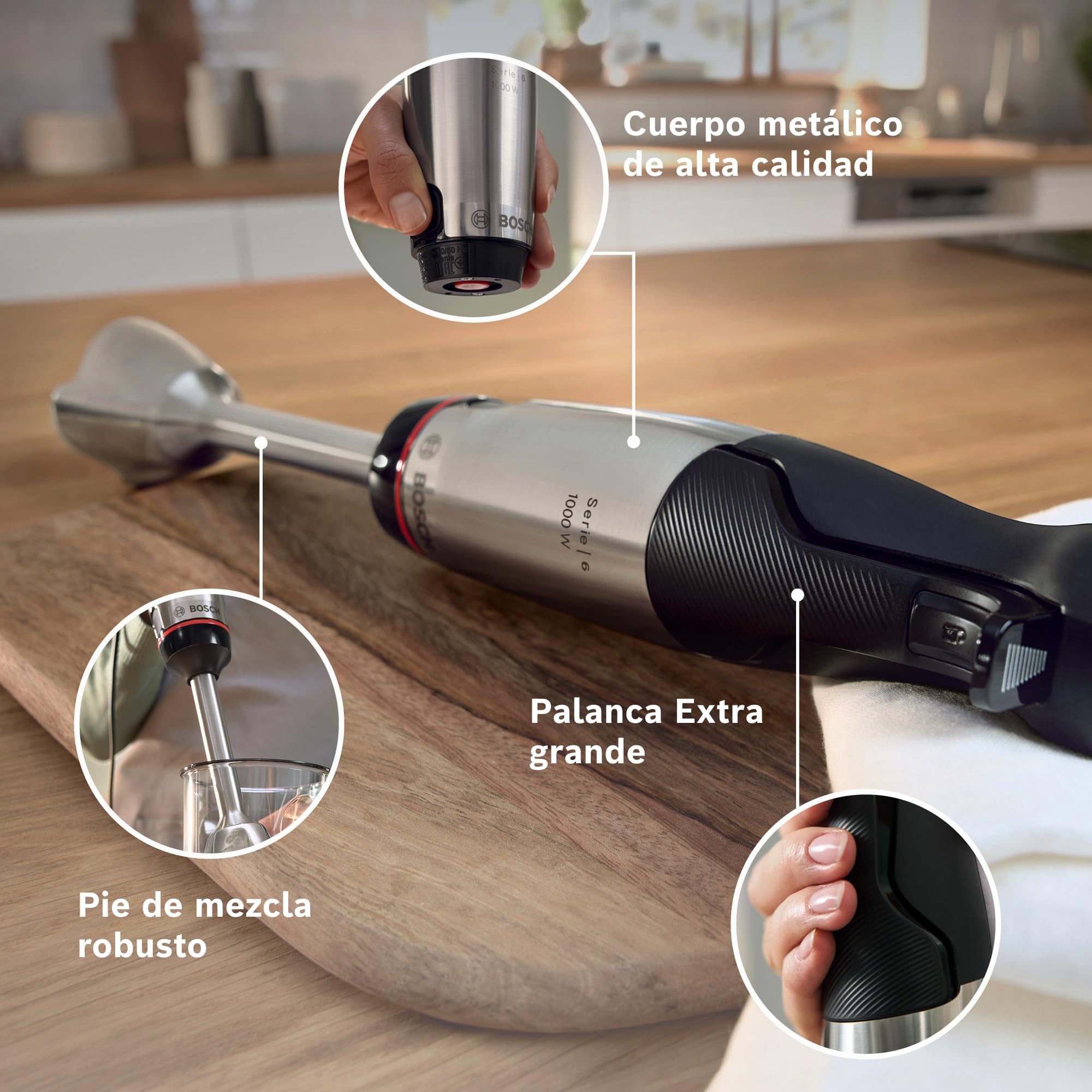 Bosch - Batidora de mano, ErgoMaster Serie 6, motor refrigerado por aire de 1000 vatios, control dinámico de velocidad, sistema de mezcla QuattroBlade, Acero inoxidable, MSM6M622