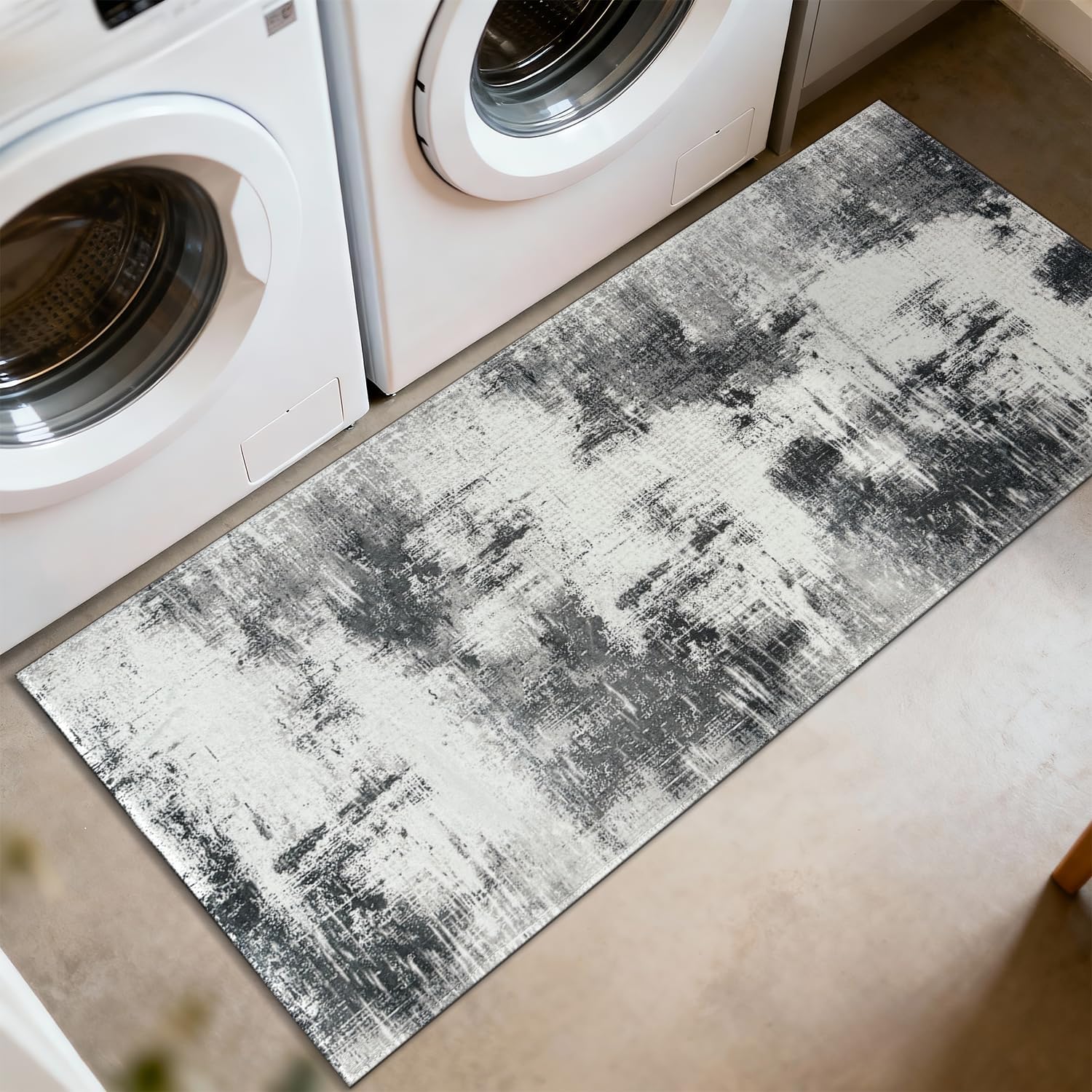 20" x 59" Modern Washable Laundry Room Runner Rug Abstract Hallway Kitchen Abstract Mat with Non-Slip Soft Low Pile Organization Decor Carpet for Bedroom (Grey, 1'8" x 4'11" (Rectangular))