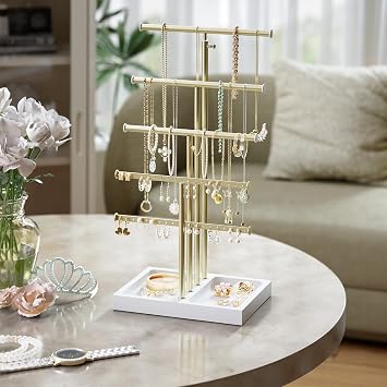 Love-KANKEI Jewelry Organizer Stand 5-Tier,Adjustable Height,White/Gold | Metal Rod,Solid Wood Base,Easy to Install,Tree Style,Display Long Necklaces,Bracelets,Earrings,Rings,Watches,Bangles,Gift