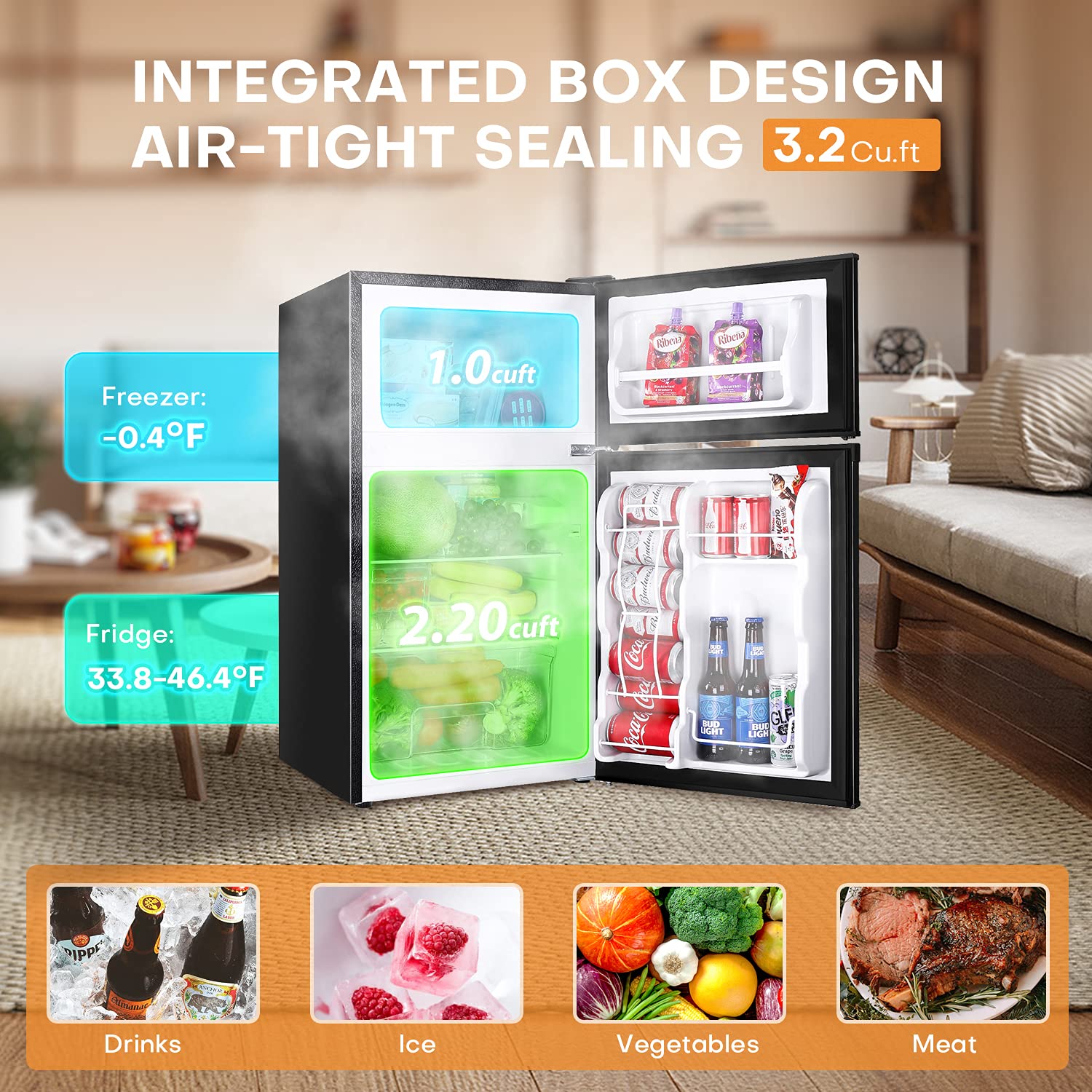 Upstreman 3.2 Cu.Ft Mini Fridge with Freezer, Double Door Mini Fridge