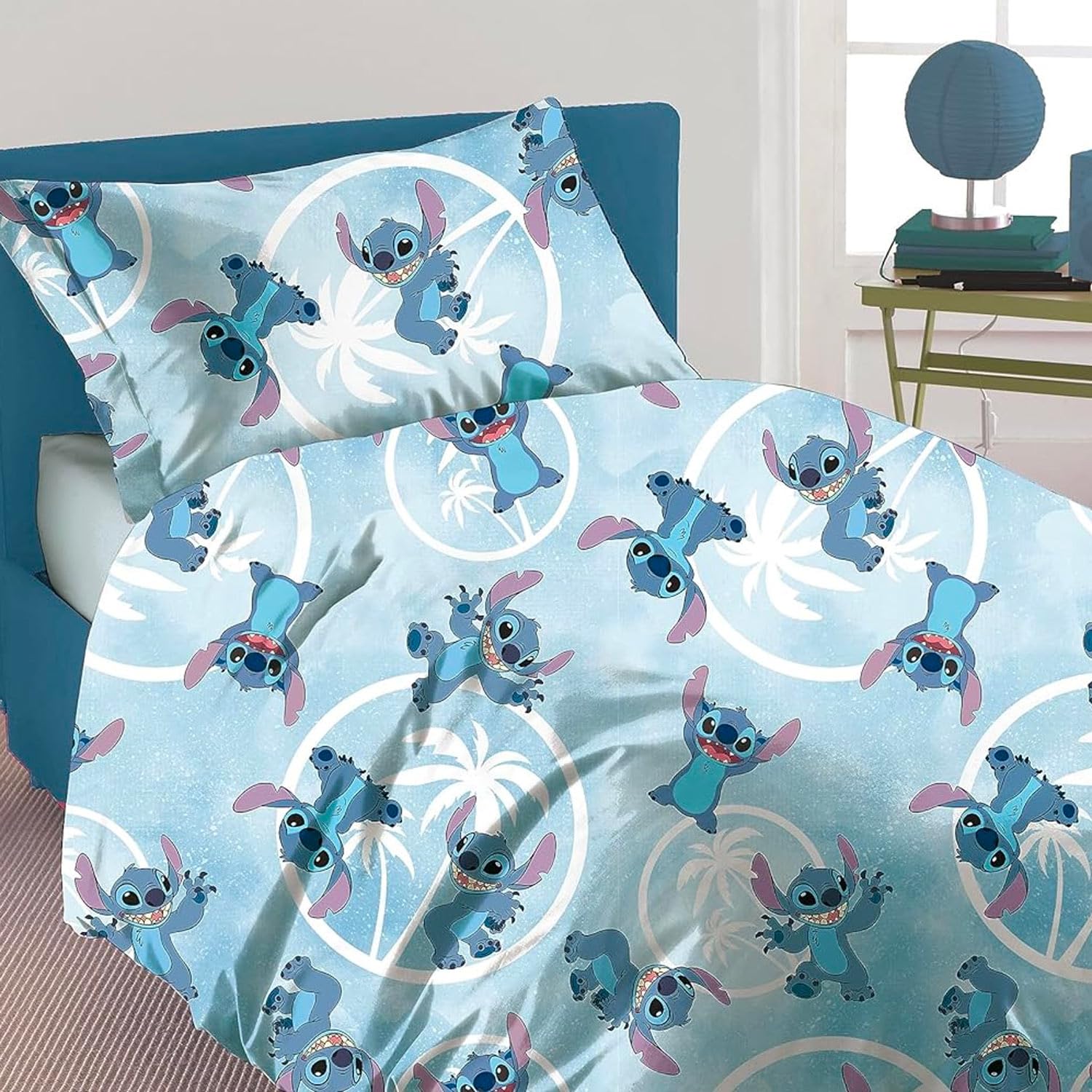 Disney Stich Blue Single Bed Sheet Set in Pure Cotton Flannel Top + Bottom Sheet + Pillowcase, Blue Stich
