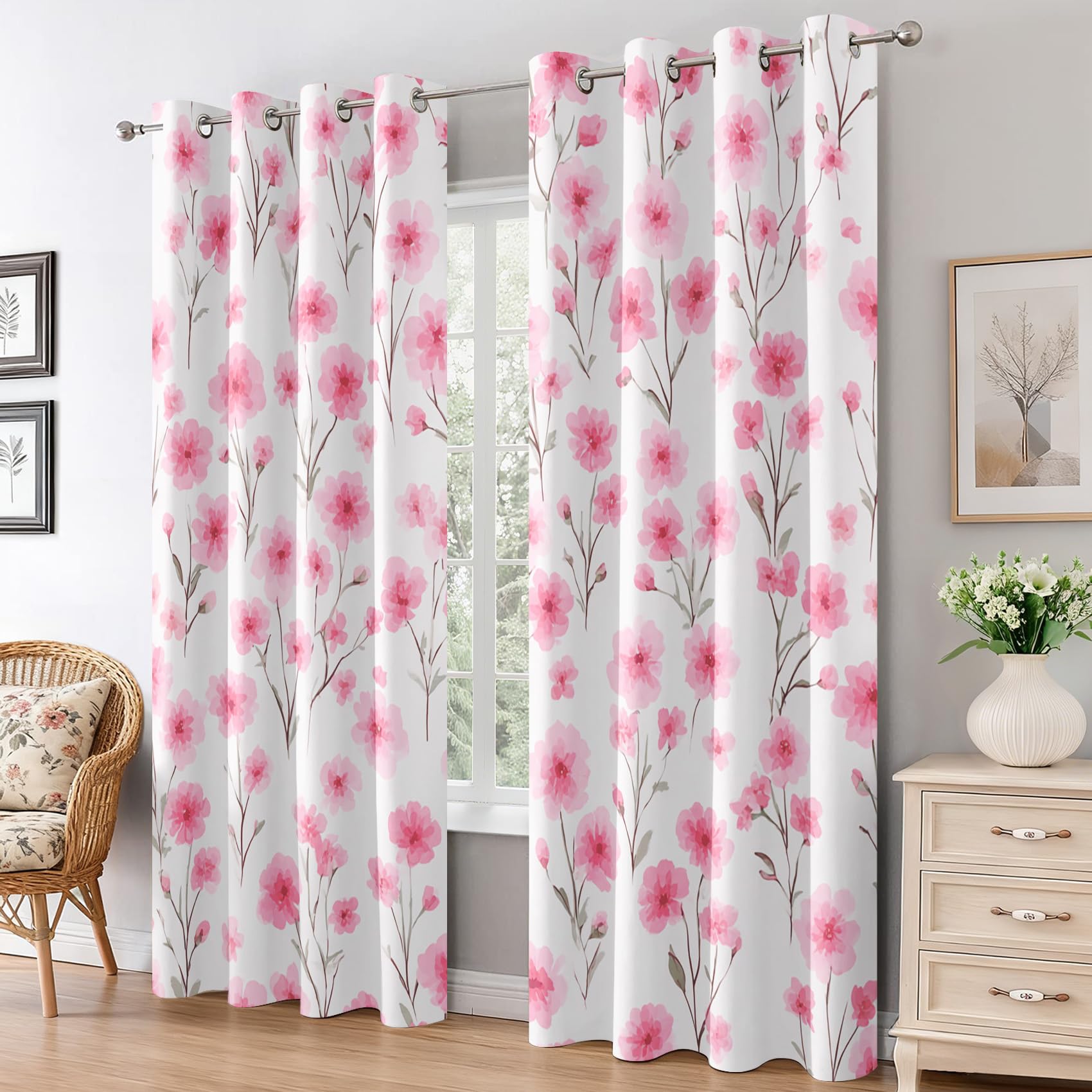 Pink Floral Blackout Curtains for Bedroom Living Room, Watercolor Pink Flower Curtains Eyelet 54 Drop Home Decor, Patterned Window Drapes, 46x54 Inch 2 Panels B-D81