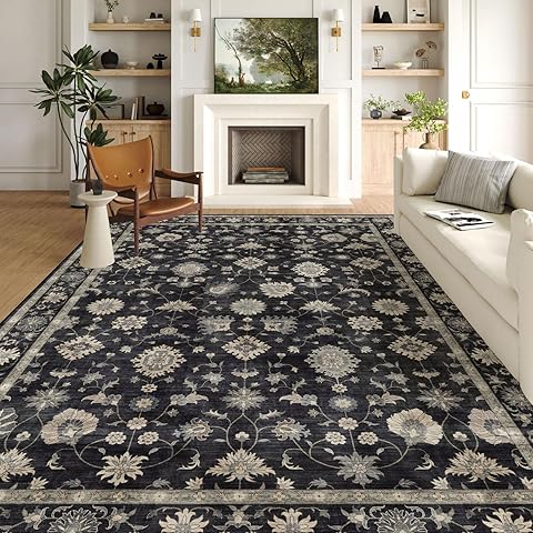 LUXRUG Area Rugs 9x12 Living Room - Large Washable Charcoal Black Boho Rugs for Bedroom Soft Vintage Rug Ultra-Thin Traditional Floral Carpet Moody Farmhouse Rug for Dining Room Guest Room Home Decor