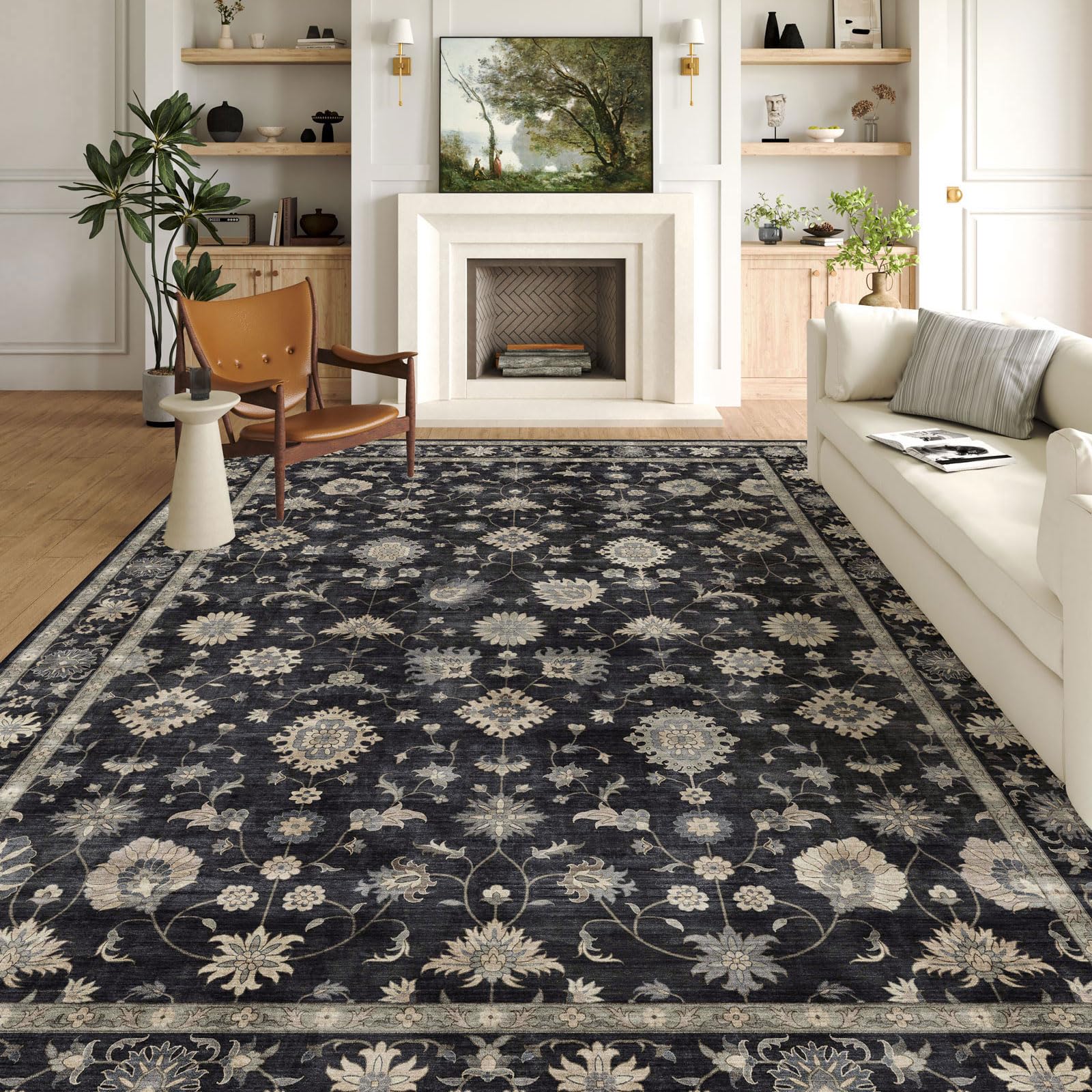 LUXRUG Area Rugs 9x12 Living Room - Large Washable Charcoal Black Boho Rugs for Bedroom Soft Vintage Rug Ultra-Thin Traditional Floral Carpet Moody
