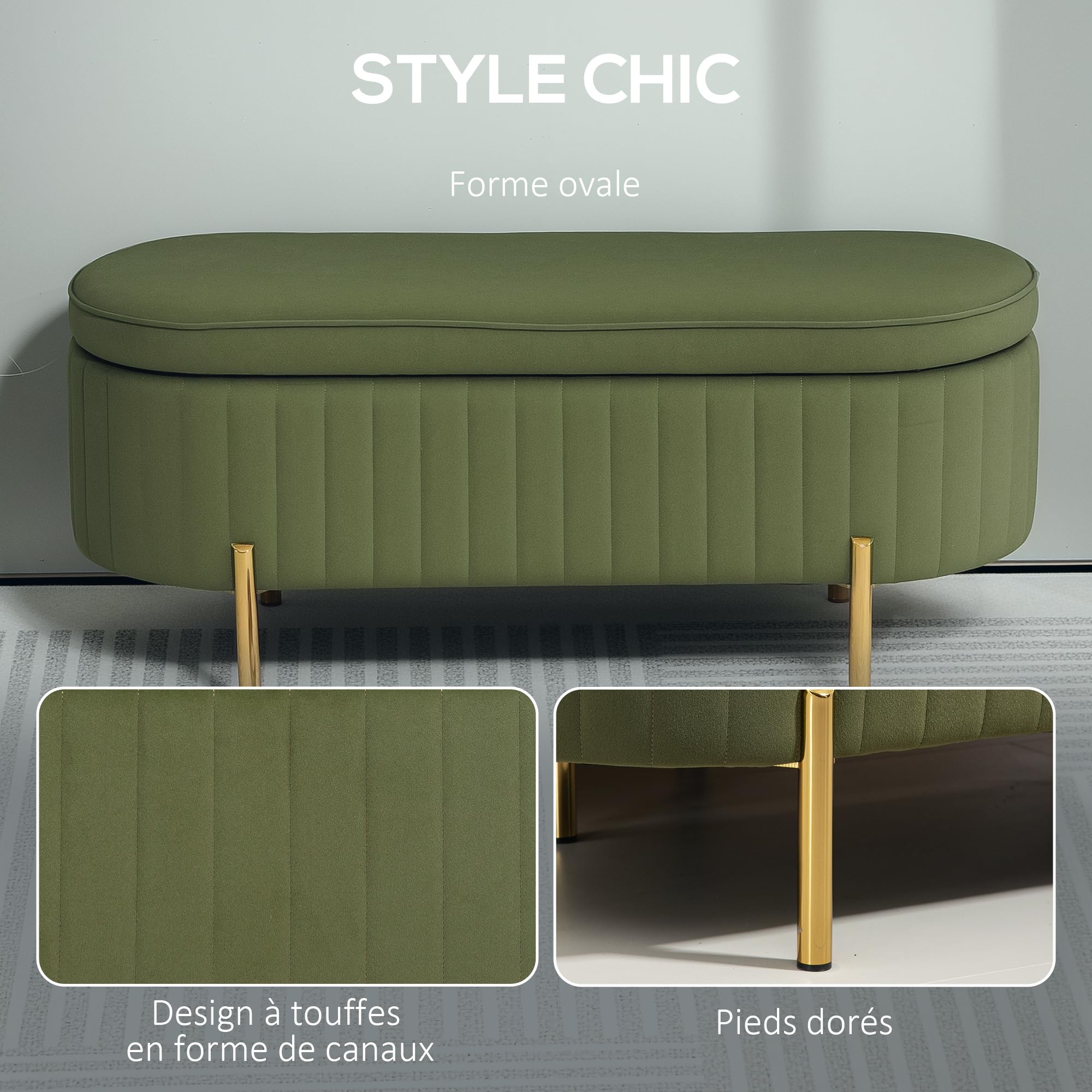 HOMCOM Banc de Rangement Bout de Lit 72L Velours 108x44x43,5cm Vert Foncé | Coffre de Rangement avec Couvercle, Pieds en Métal, Jusqu'à 220 kg, Banquette Salon Chambre Entrée