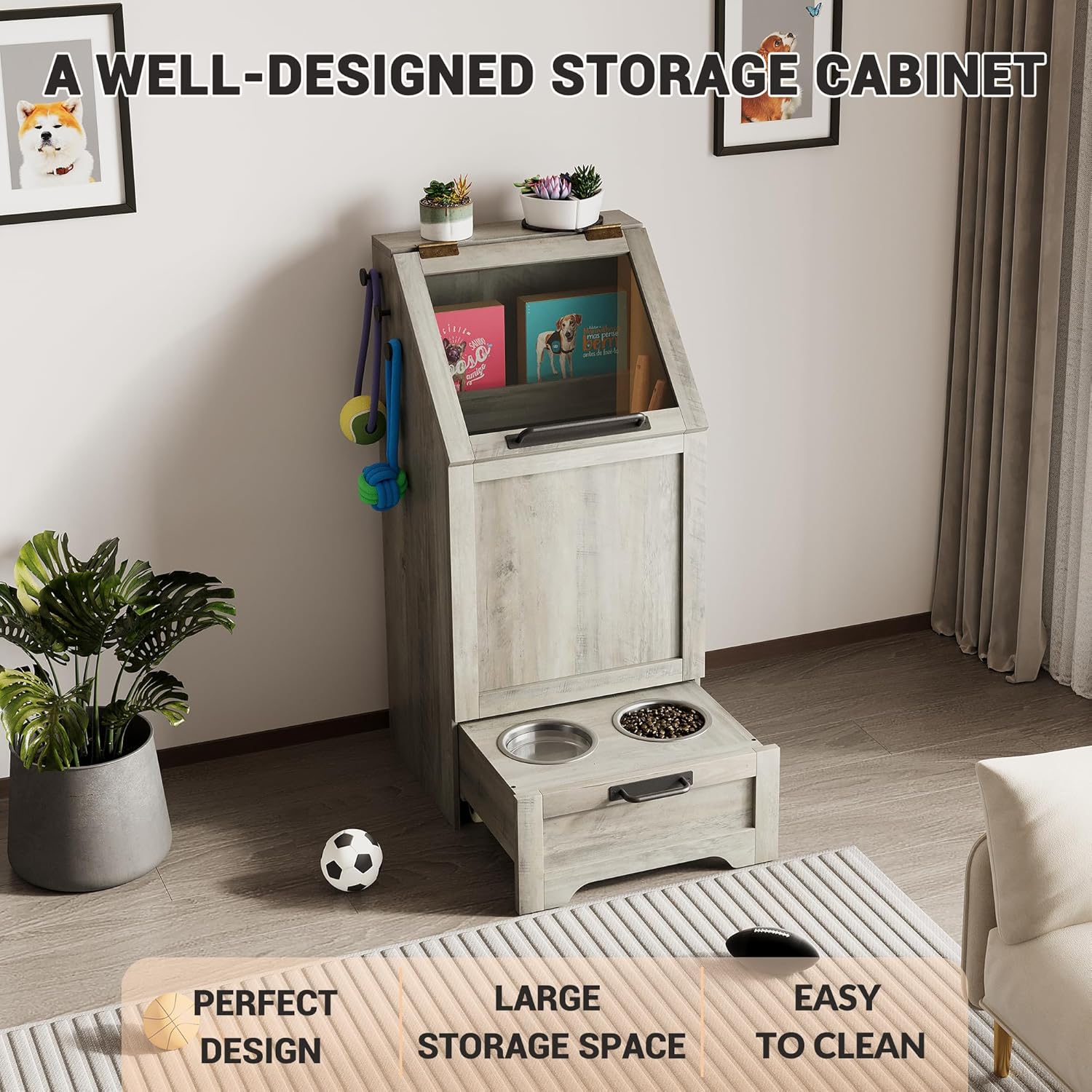 Flip Top Dog Food Storage Cabinet,with 2 Removable Stainless Steel Bowls,3 Hooks, Hidden Design,Large Capacity Dog Food Storage Cabinet,Pet Toy Storage Organizer,Grey