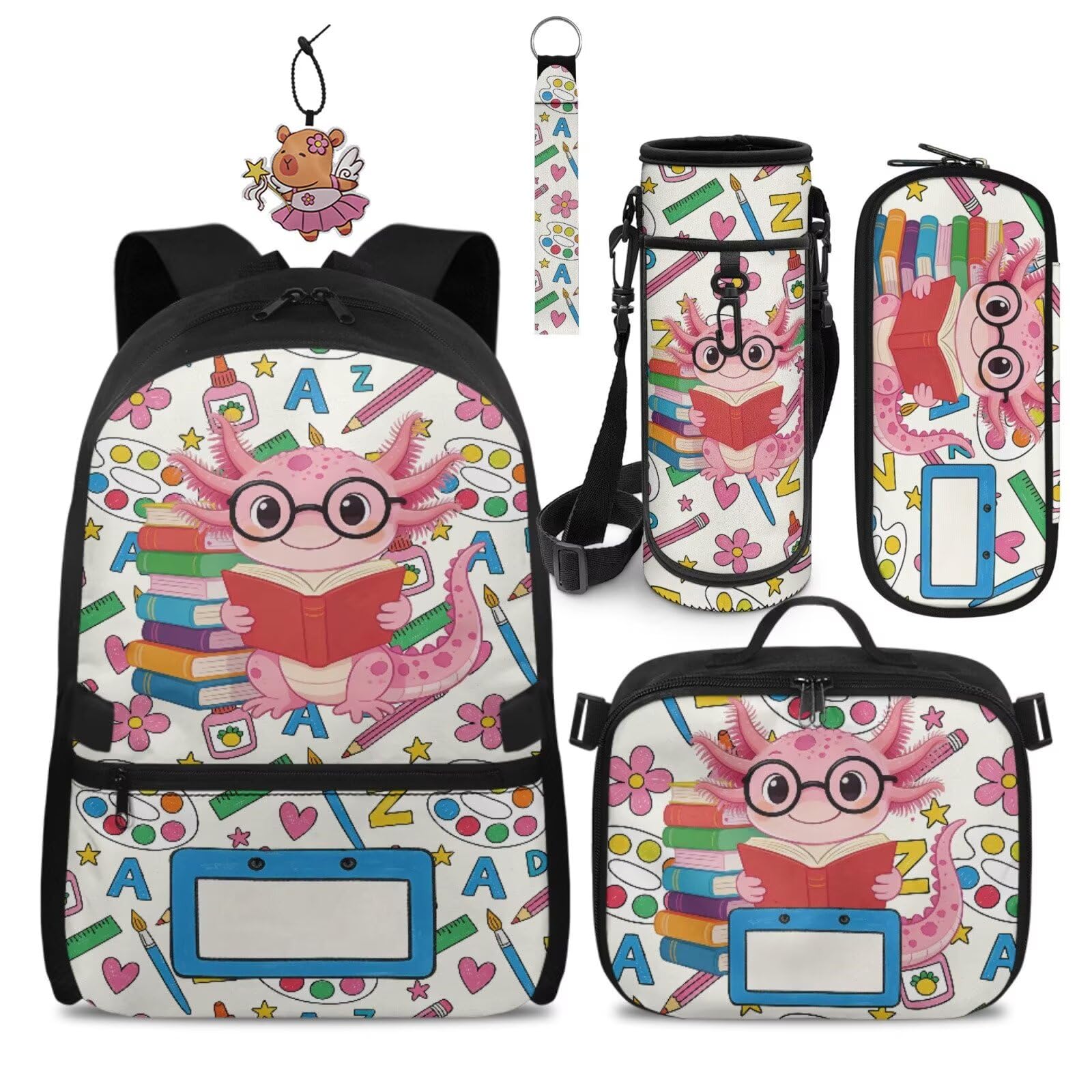COEQINE Niedlicher Rucksack für Kinder, Schultasche, 5-teiliges Büchertaschen-Set mit Lunchbox, Federmäppchen, Schlüsselanhänger für Teenager von 6–12 Jahren, Axolotl Buntes Schulbuch, M, Designer