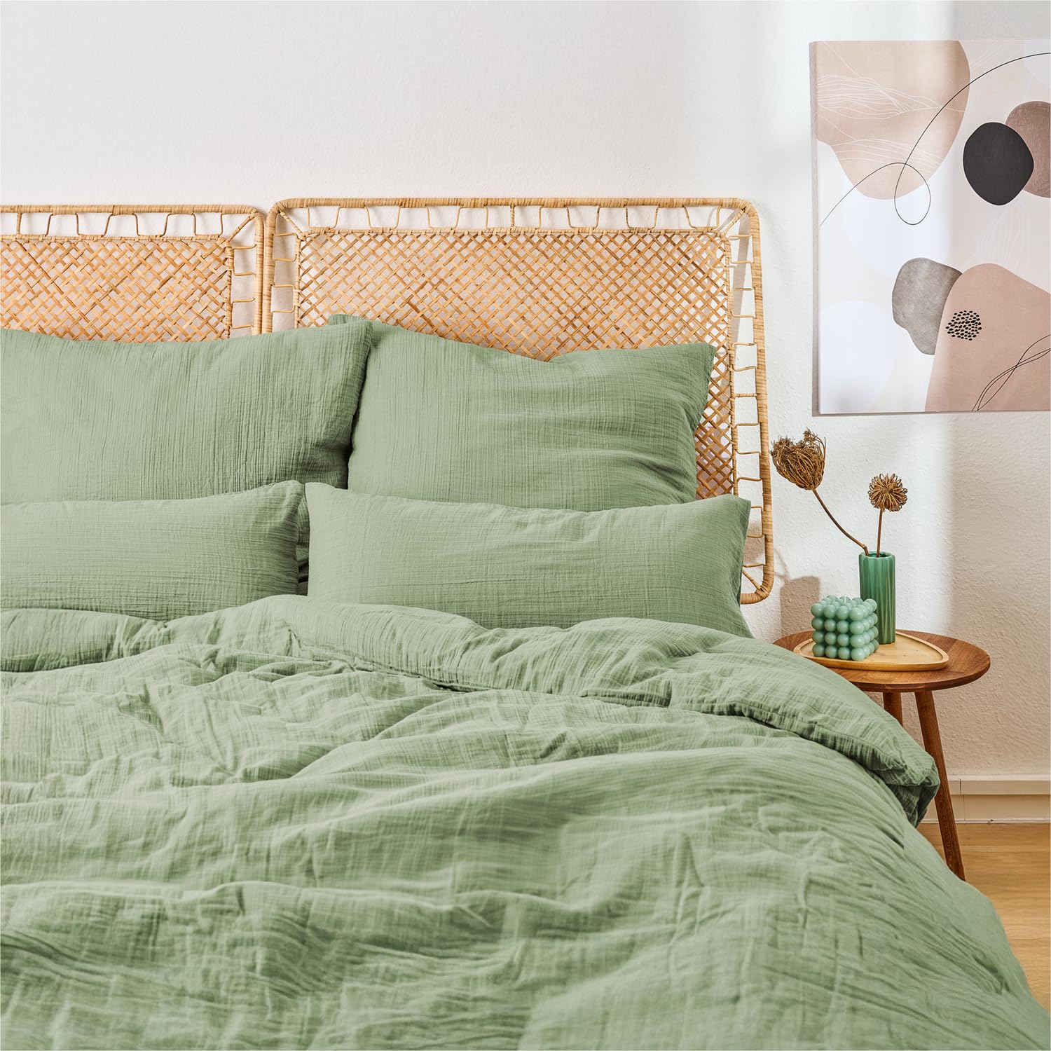 Blumtal Musselin Bettwäsche 135x200 cm + 80x80 cm - Oeko-TEX zert. Bettwäsche 135x200 Musselin aus 100% Baumwolle - extra weiches Bettwäsche-Set waschbar bei 40 °C - Sommerbettwäsche Grün
