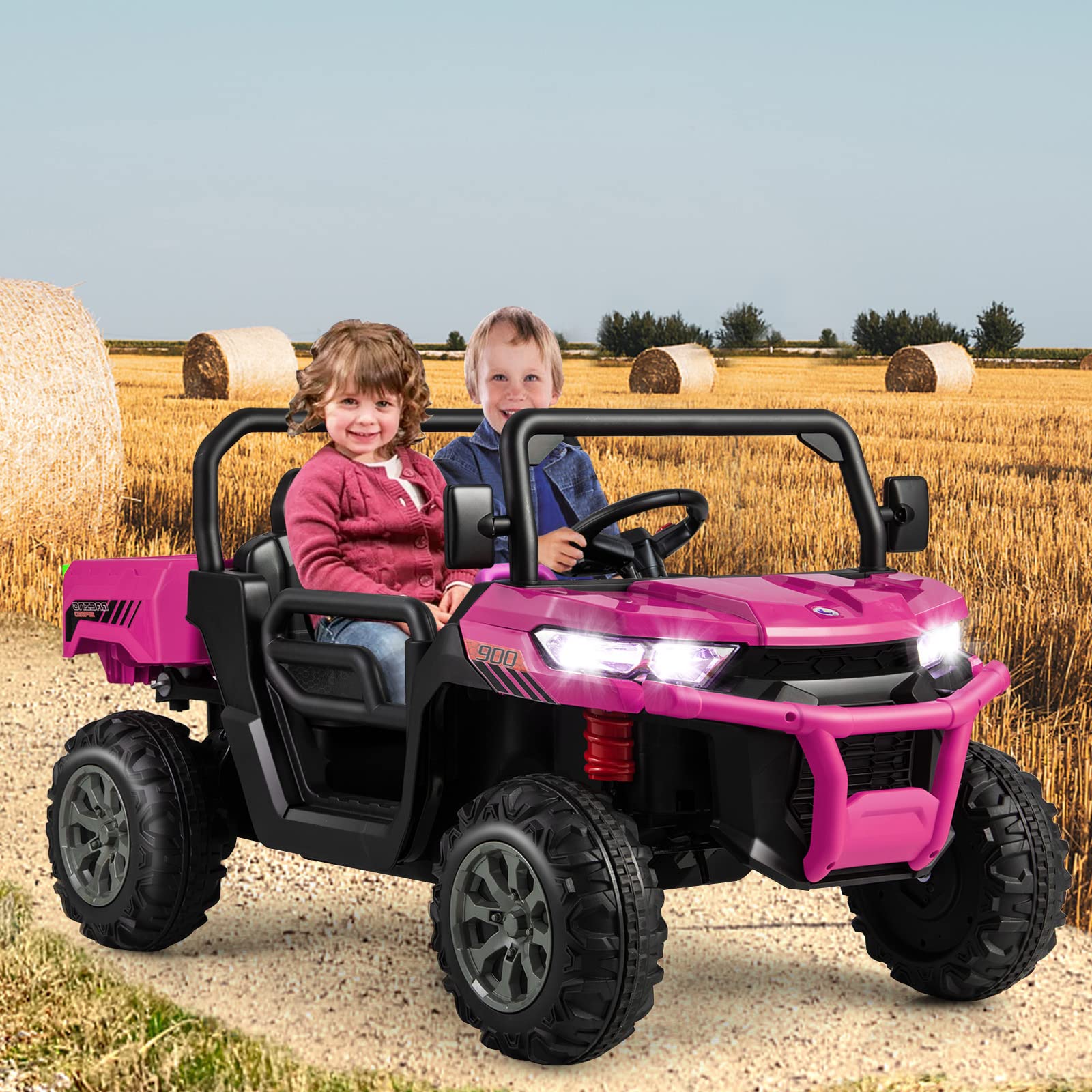 COSTWAY 12V Voiture Électrique Enfants 2 Places avec Télécommande 2,4 G & Pelle & Benne, Véhicule Électrique avec Phares LED & Musique, Vitesse 3-8 KM/H, Charge 50kg pour Enfant de 3-8 Ans