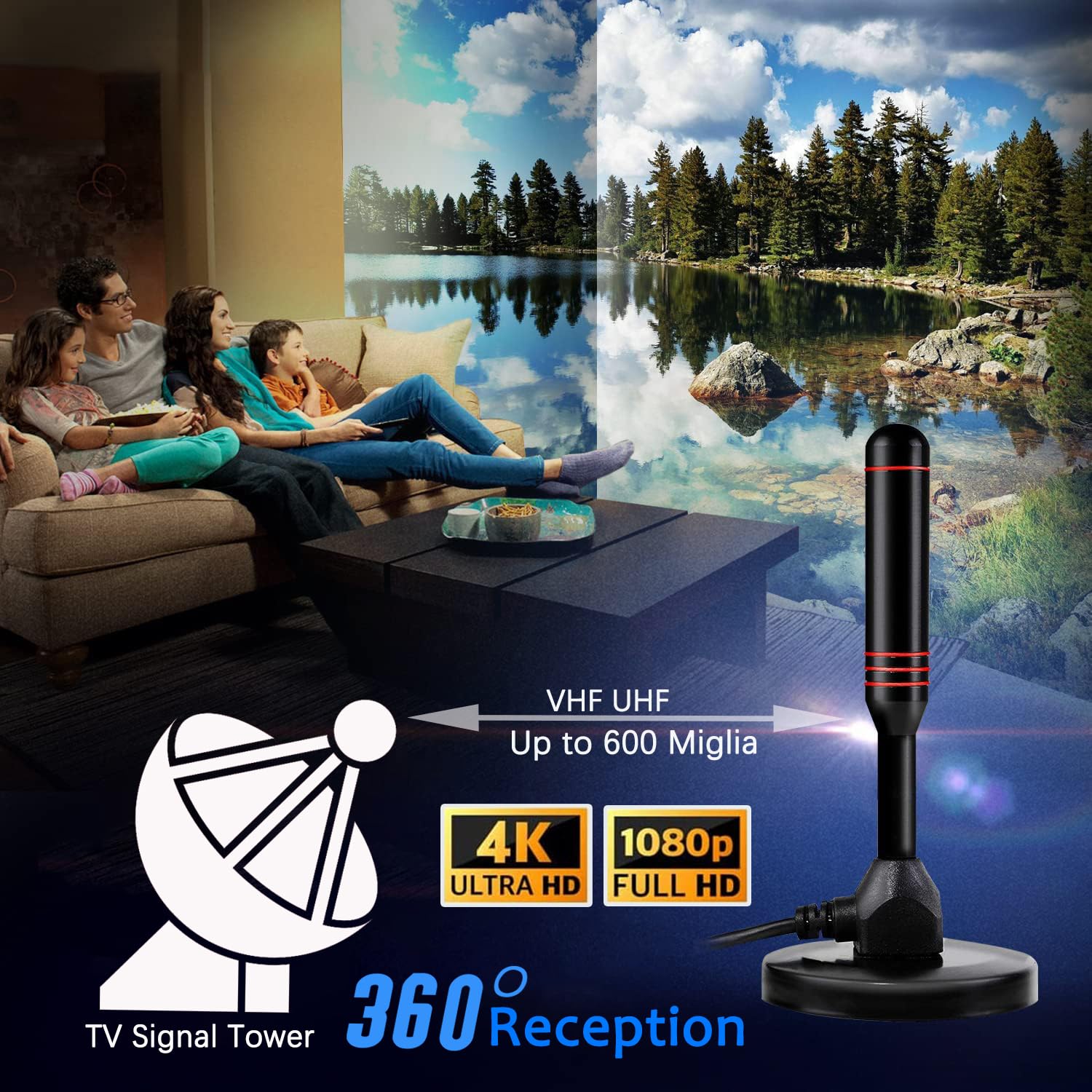 Antenna HDTV 2025 - Antenna TV da interni con amplificatore di segnale, antenna TV digitale per TV Freeview a 800 miglia, supporto 4K 1080p