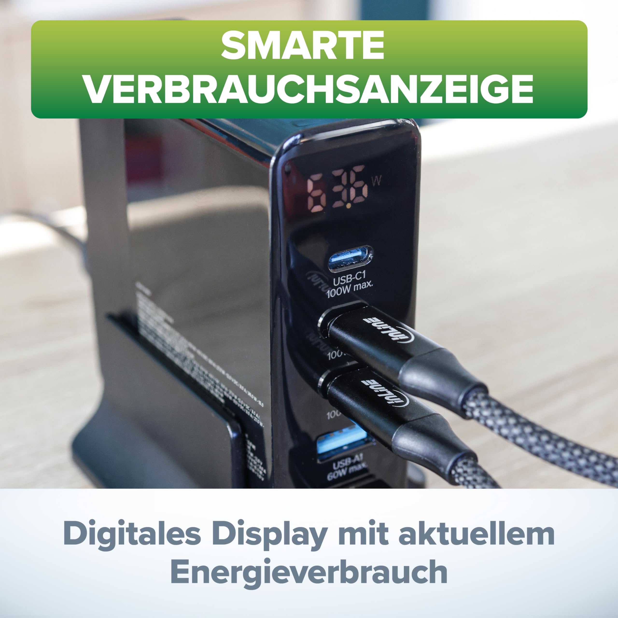 InLine Caricatore USB, 5 porte, display digitale con consumo di energia, 3 X USB-C + 2 X USB-A, GaN, 140 W, caricatore rapido, PD3.0, QC3.0, alimentatore per iPhone/Pro/Mini, Samsung e altro ancora,