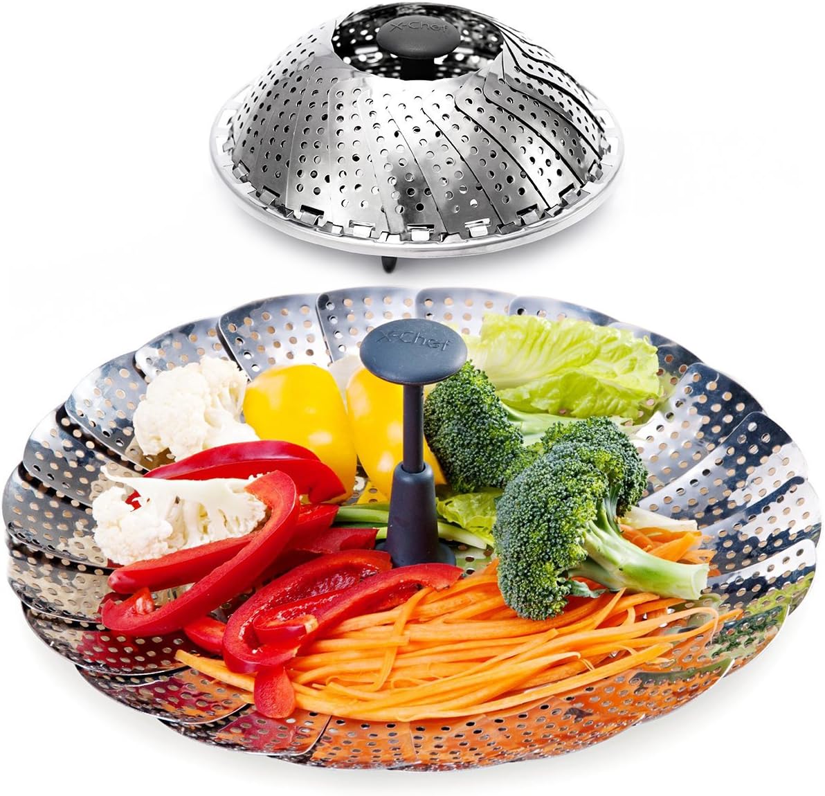 X-Chef Stainless Steel Vegetable Steamer Foldable Cooking Steamer Basket 7.2" Expands to 11"