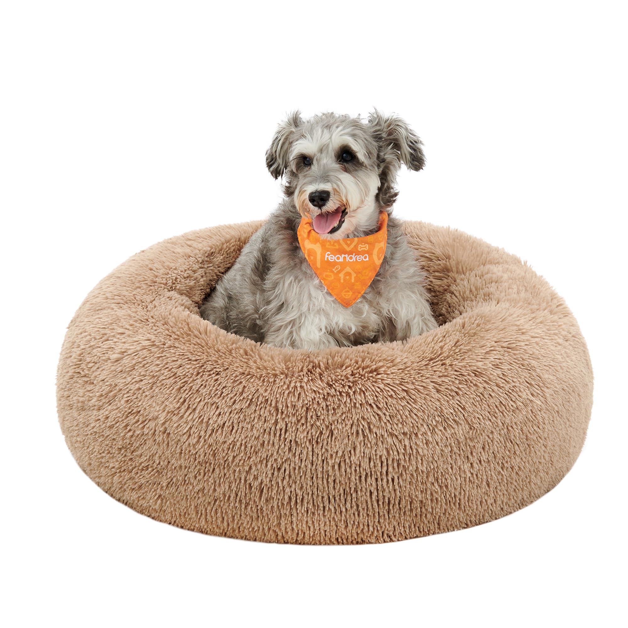 Feandrea Cuccia Cane Interno, Cuccia per Cani, Lettino per Animali Domestici a Ciambella, Cuscino Sfoderabile e Lavabile, Tappeto di Peluche, Diametro 70 cm, Marrone Cammello PGW039K01