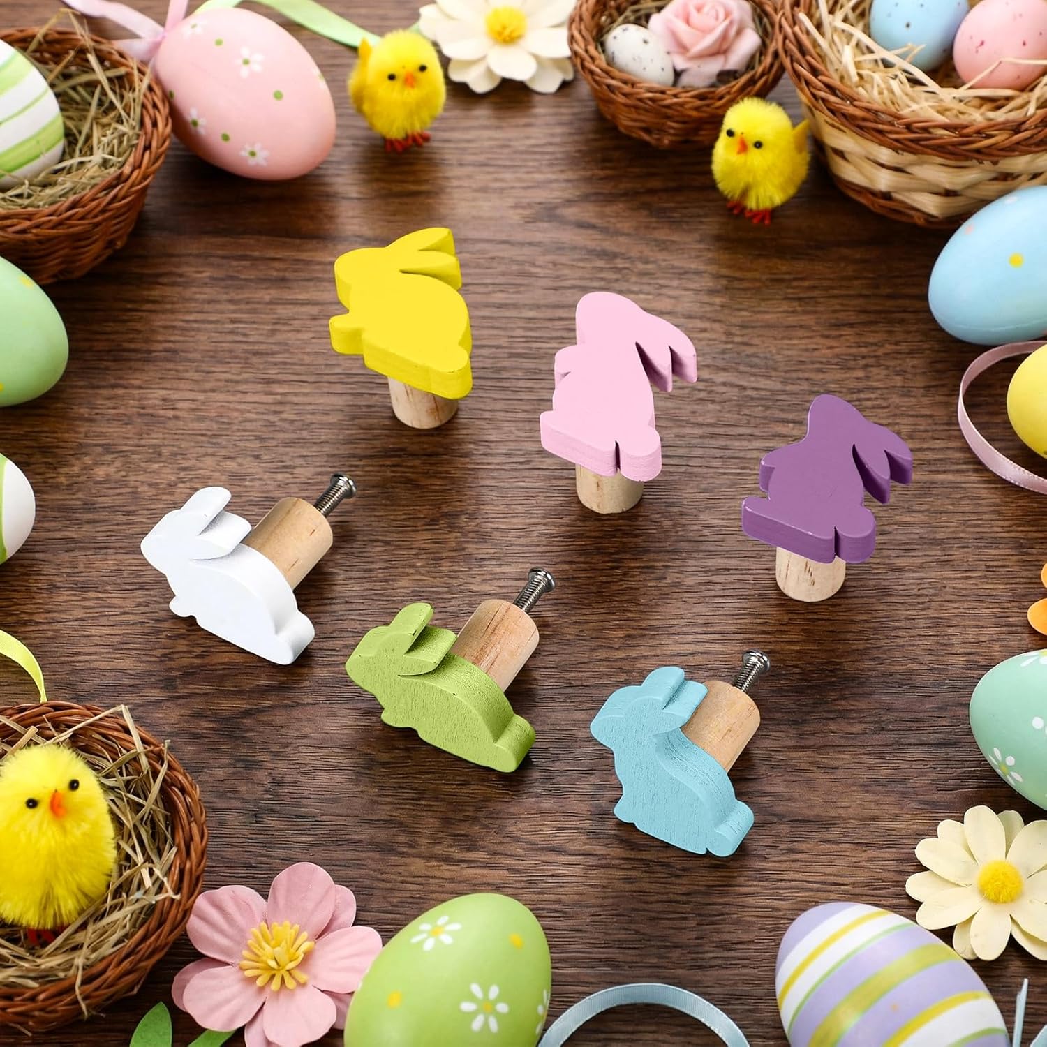 Amyhill 6 Pcs Easter Bunny Cabinet Knobs Set Pastel Wooden Rabbit Cabinet Pulls Colorful Single Hole Door Handles Cute Decorations for Dresser Drawer Spring Holiday Gifts Home Bedroom Kitchen Decor