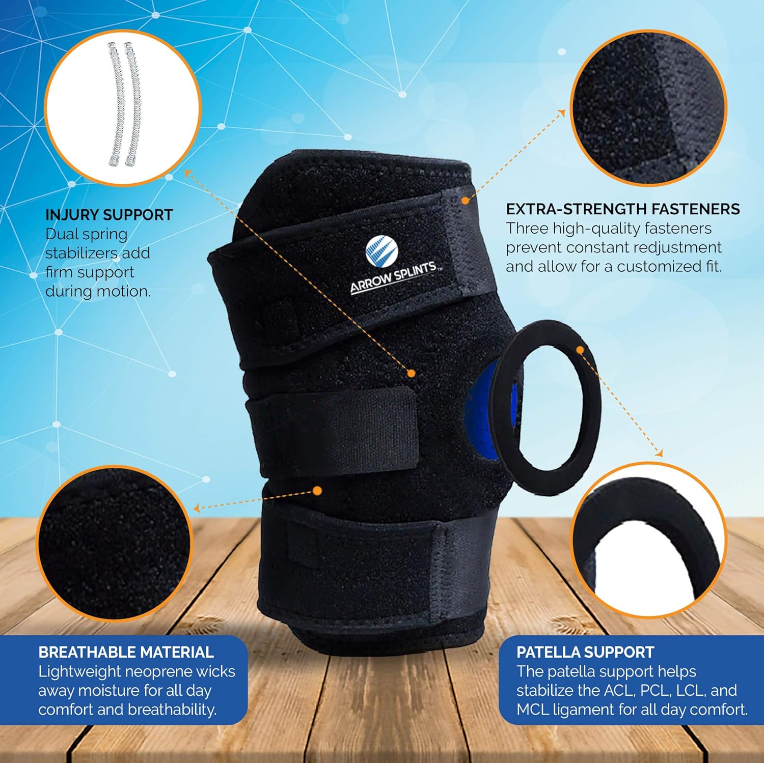 Amazon Crazy 🔥 Deals Arrow Splints Knee Brace for Meniscus Tear | Also for Arthritis, PCL, Tendonitis, ACL, MCL, Torn Ligament, LCL, Runners Knee | For Men & Women + Knee Compression Sleeve for Sport Injuries & Running