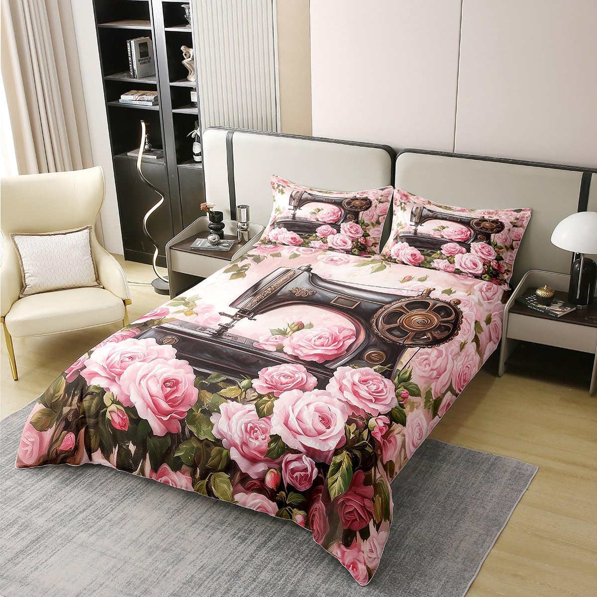 Juego de ropa de cama con diseño de máquina de coser 3D, hojas verdes, rosa, 100 % algodón, funda de edredón de 3 piezas para niños, niñas y mujeres, funda de edredón romántica retro, 2 fundas de