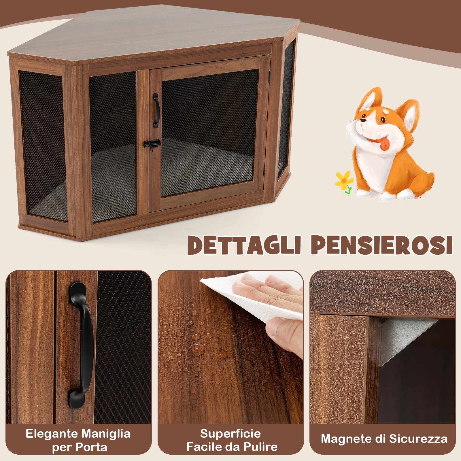 COSTWAY Gabbia per Cani ad Angolo, Casetta per Cani Angolare con Porta a Rete e Cuscino, Maniglia e Chiavistello, Mobile Kennel per Animali da Interno per Stanze e Appartamenti Piccoli