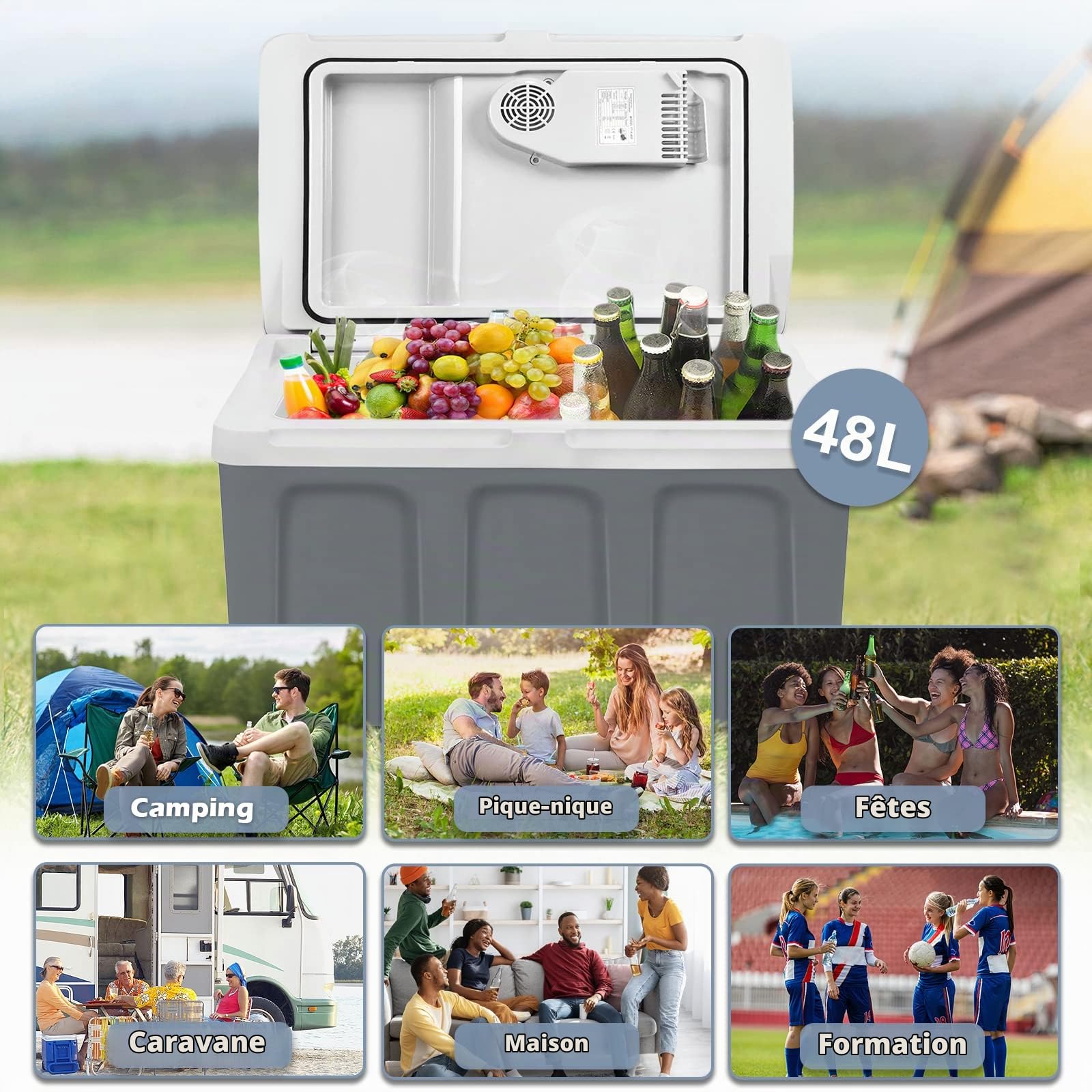 UISEBRT Glacière à roulettes 48 litres, mini réfrigérateur portable, 12 V, 220 V, glacière thermoélectrique avec fonction de refroidissement et de maintien au chaud, glacière électrique avec mode éco