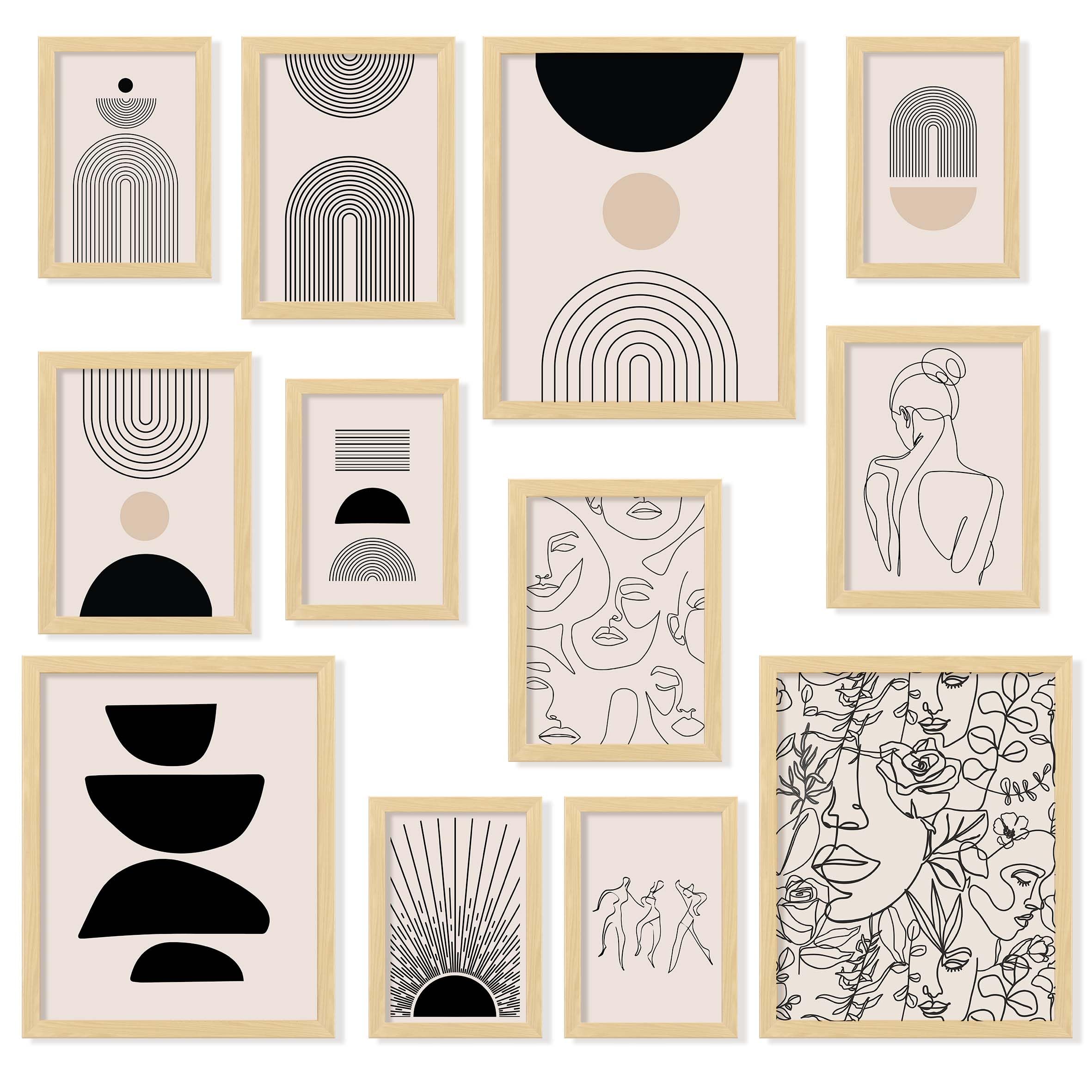 Abstract Wall Art Prints - Boho Abstract Art Wall Decor, Neutral Geometric Minimalist Wall Art, Black Beige Line Art Boho Posters, Mid Century Modern Gallery Picture for Bedroom (UNFRAMED)