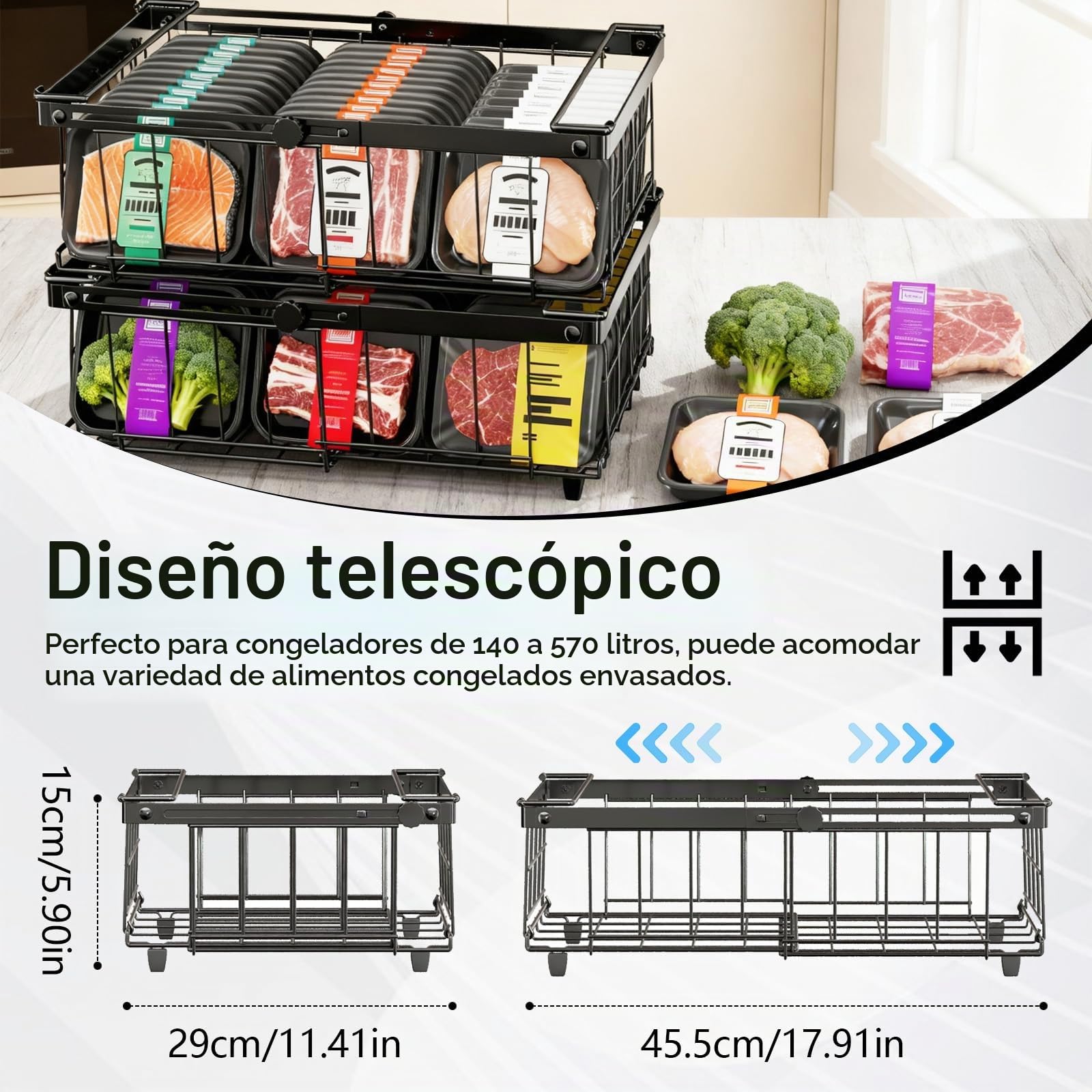 2 cestas de congelador expandibles, cestas apilables para congeladores 140L-570L, congeladores organizador con asas de clasificación fácil y obtener alimentos congelados, permitir la circulación del