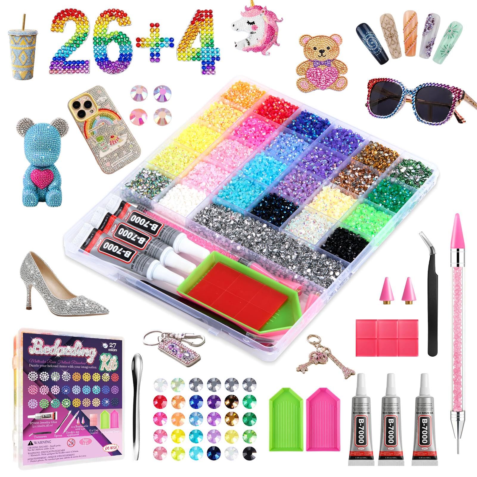 OCARDI 40,000+ Pcs Resin Jelly Rhinestones Bedazzling Kit,3mm Flatback Rhinestones (26 Colors+4X Ex-Silver) with Dual-Head Pen & 3 Pcs B7000 Glue, All-in-One Bedazzler Kit for DIY Arts & Crafts Gifts