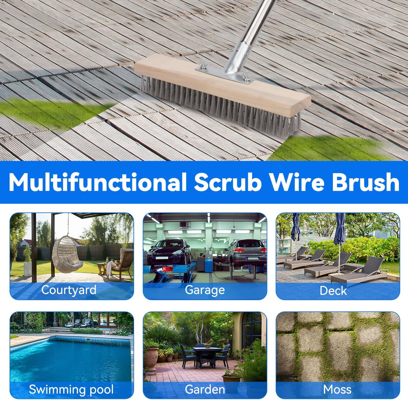 Heavy Duty Wire Broom with 70.8" Telescopic Handle: Stainless Steel Outdoor Broom for Cleaning Moss Concrete Floors Grout Gardens Patio Deck Concrete Garage (Style 2)