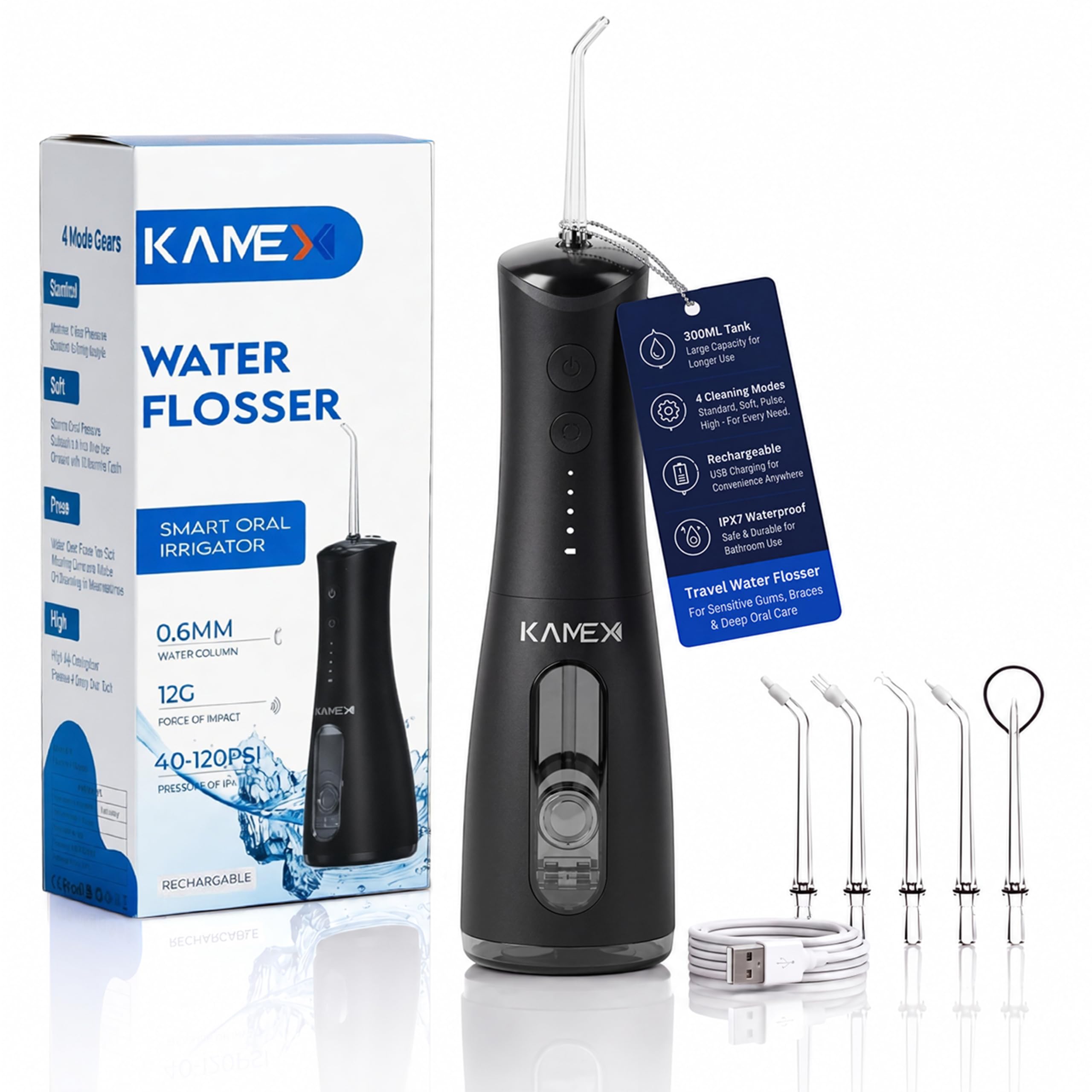 KAMEX Idropulsore dentale senza fili per la pulizia dei denti: irrigatore orale portatile con serbatoio da 300 ml, 4 modalità di pulizia, ricaricabile IPX7 impermeabile da viaggio per gengive
