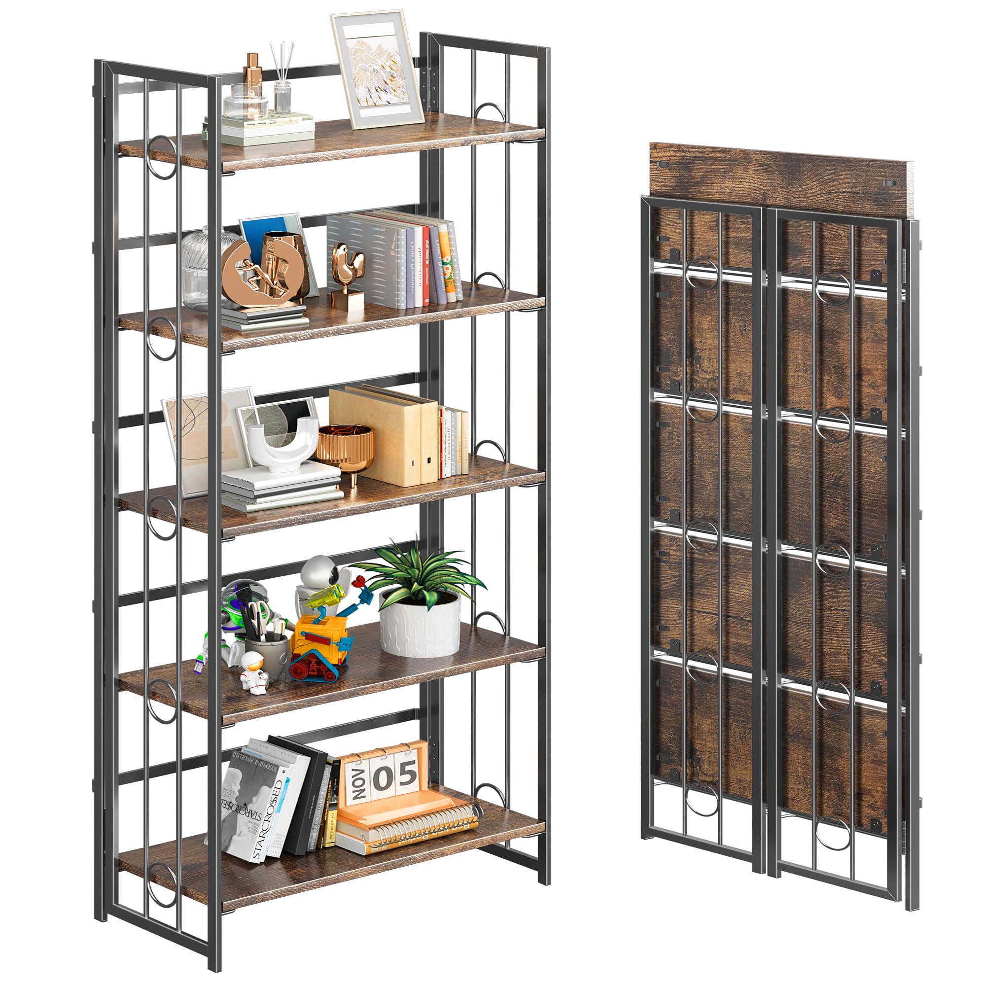 4nm no assembly 5 tiers folding bookshelf, 59.4" h foldable storage shelves vintage bookcase standing racks study organizer home office - rustic brown black