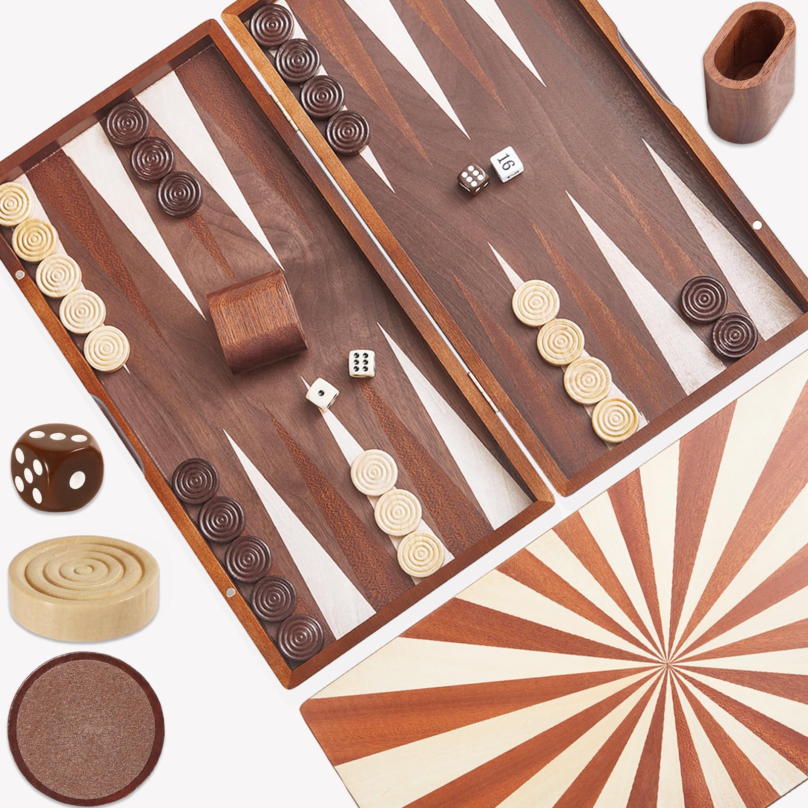 Wooden Backgammon Set for Adults: 15.7 Inch Folding Board with Wooden Dice Cups Premium Large Portable Travel Game Two-Player