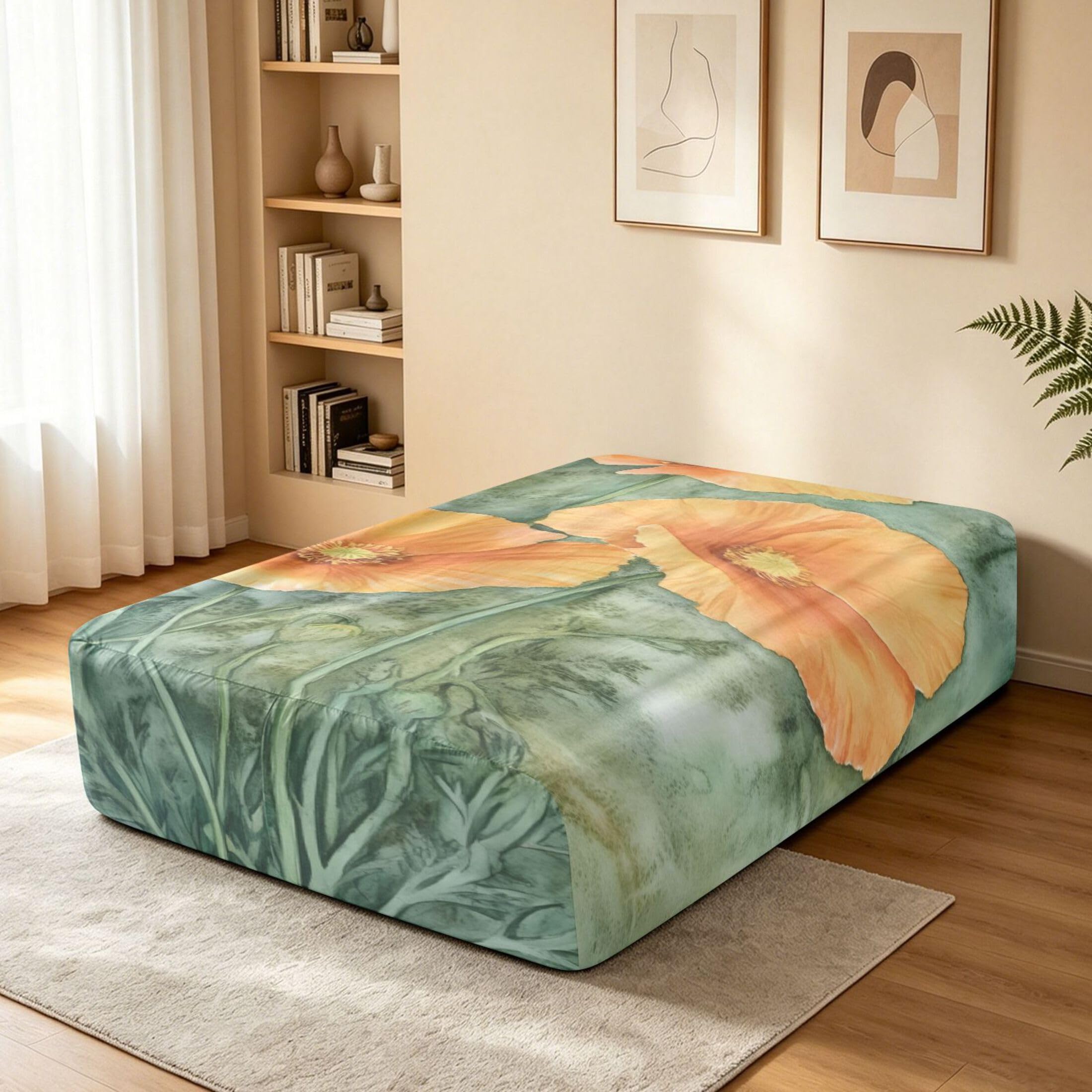 Sábana bajera ajustable de tamaño individual con diseño de amapolas naranjas para colchón de aire, bolsillo extra profundo de 24 pulgadas, funda suave y transpirable con apertura de válvula