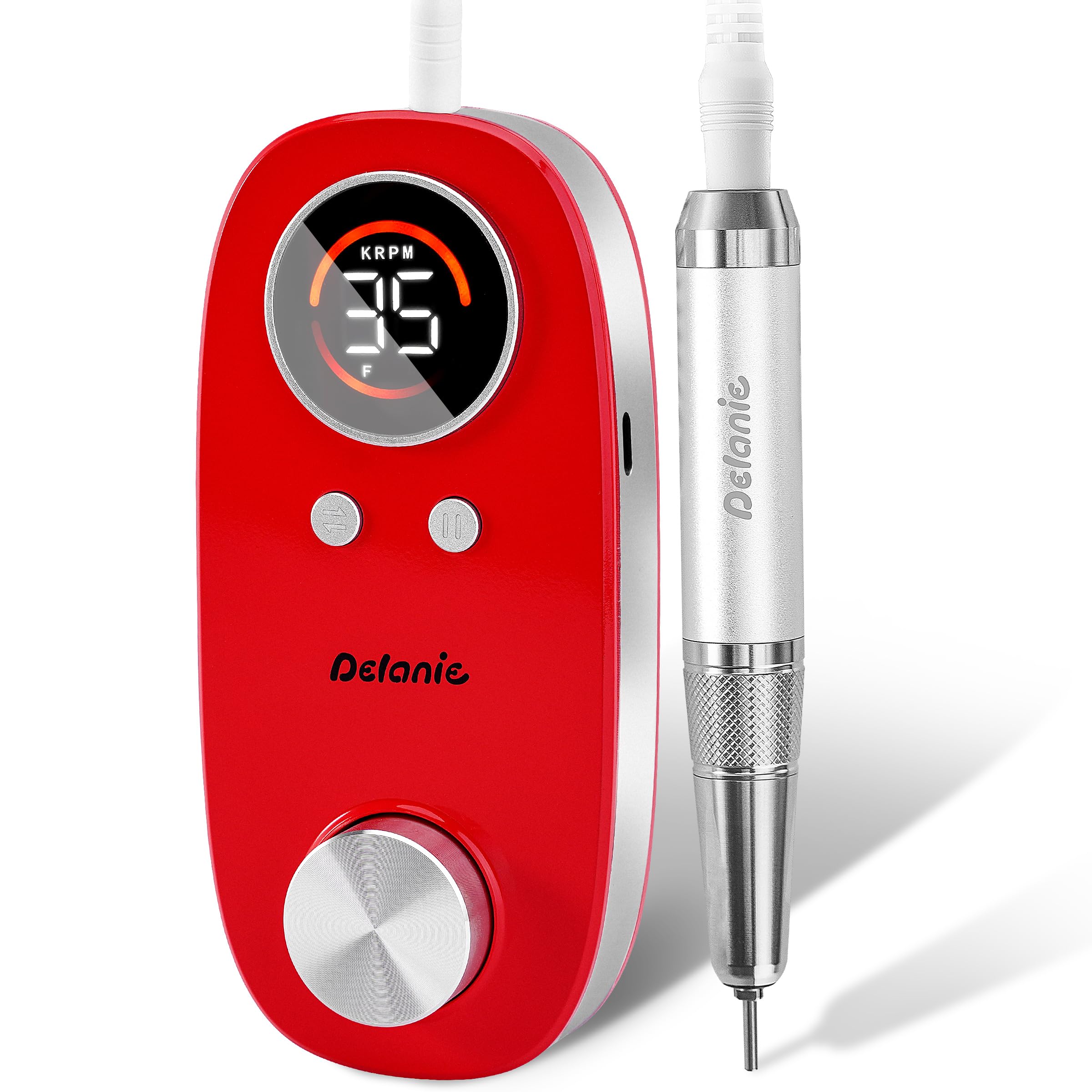 Delanie Ponceuse pour Ongles Moteur Sans Noyau Professionnel 35000RPM, Sans Fil Rechargeable 5000mAh avec Pause Bonton pour Manucure Pédicure, Incl. 7 Embouts & 36 Bandes Abrasives, Rouge