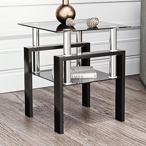 Miniatura 2 de ODUSE-DAILY Juego de 2 mesas auxiliares de cristal negro, mesa de cristal pequeña, mesa auxiliar negra, juego de 2 mesitas de noche de vidrio