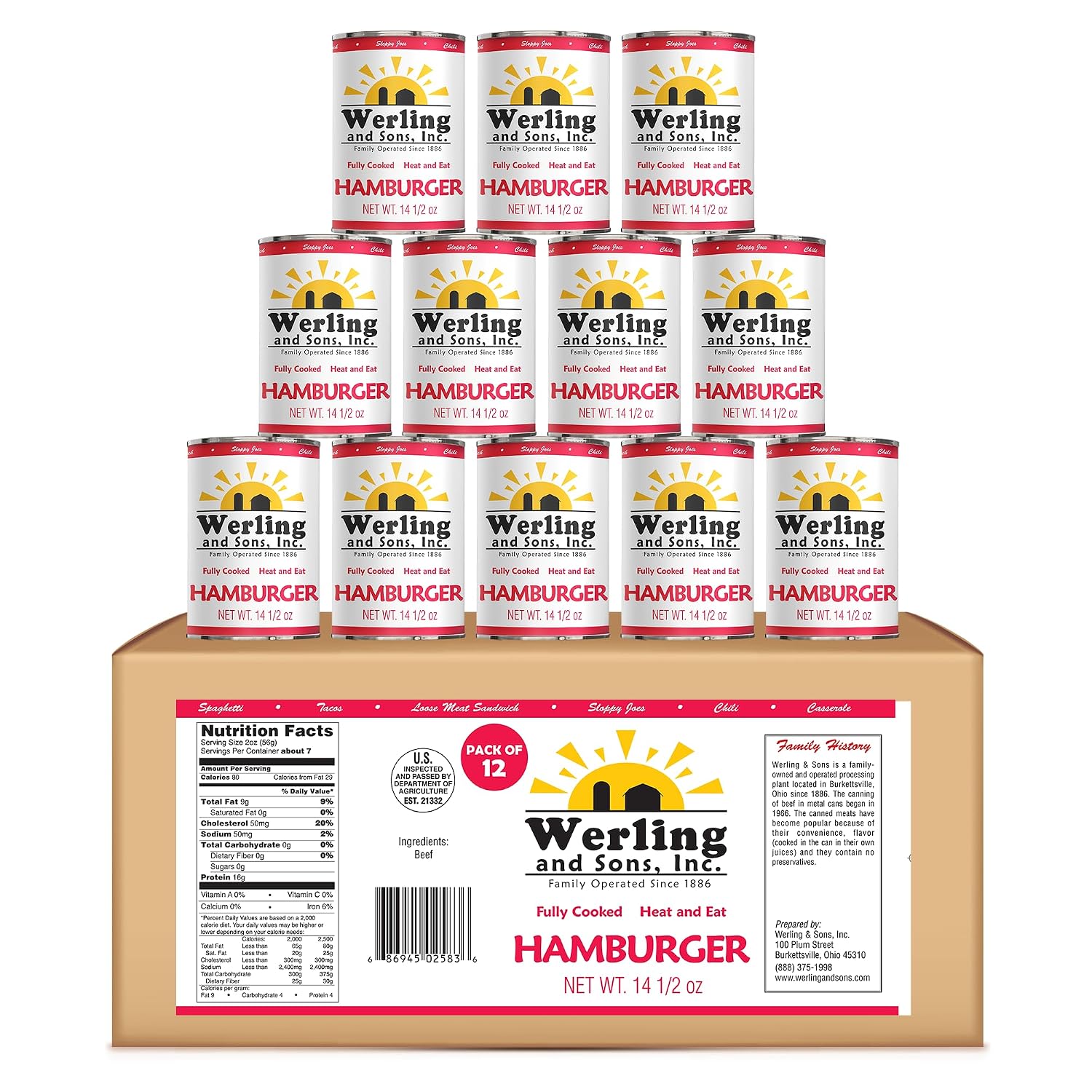 Werling Meats Canned Hamburger 14.5 Oz – Fully Cooked Ground Beef, Heat & Eat | Premium Quality | 5-Year Shelf Life | Pantry Staple for Everyday Meals, Emergency, Survival & Camping | Made in USA | Pack of 12