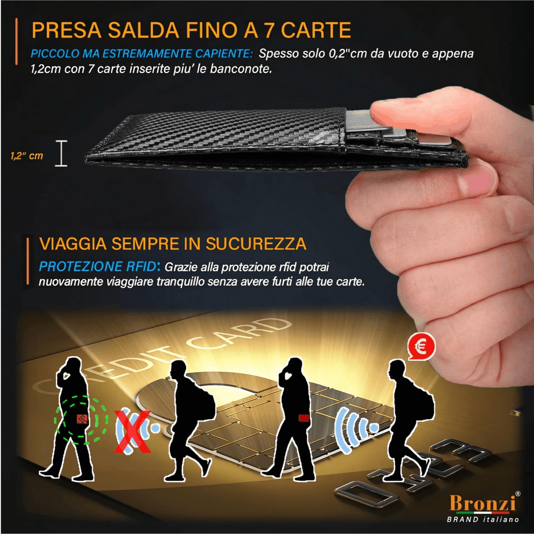 Bronzi® Portafoglio Uomo Slim Piccolo | Portacarte Uomo Donna Portatessere Porta Carte Di Credito | Portafogli Mini Protezione RFID con Portamonete | Box Regalo - Brand Italiano