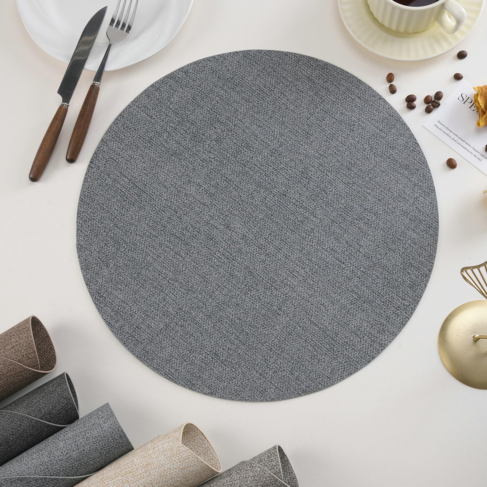 Beydodo Set di 8 tovagliette rotonde, 38 cm, colore grigio, lavabili, per esterni, effetto lino, tinta unita, moderne, in PVC, antiscivolo, per esterni, tavola rotonda
