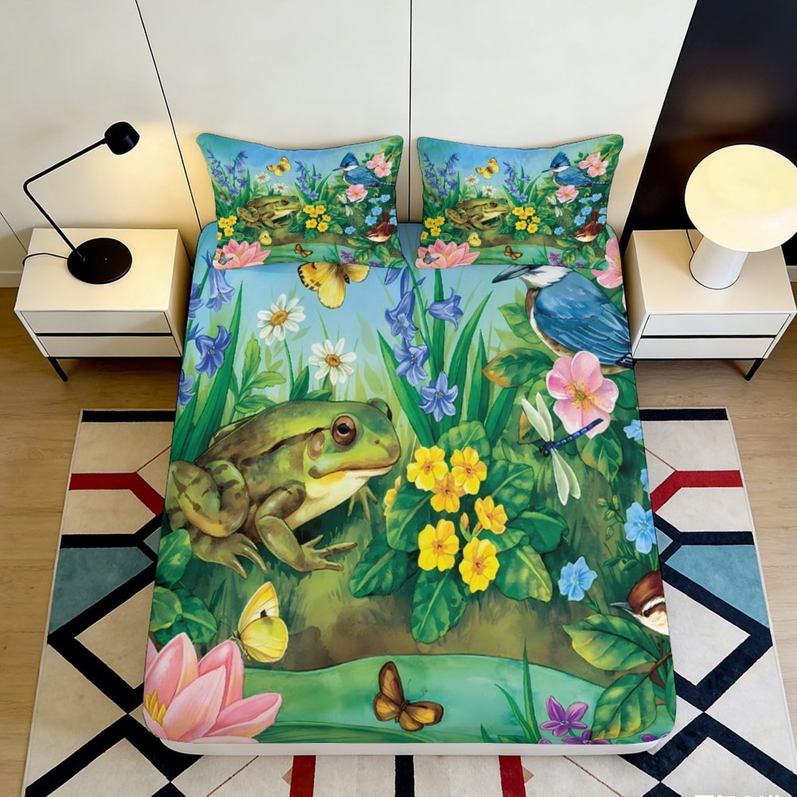 Pnayamiorkfel Style-3 3D Printed Forest Frog Fitted Sheet Microfiber Floral Bird Mattress Cover For Bedroom Guest Room Decor 90X200x25cm
