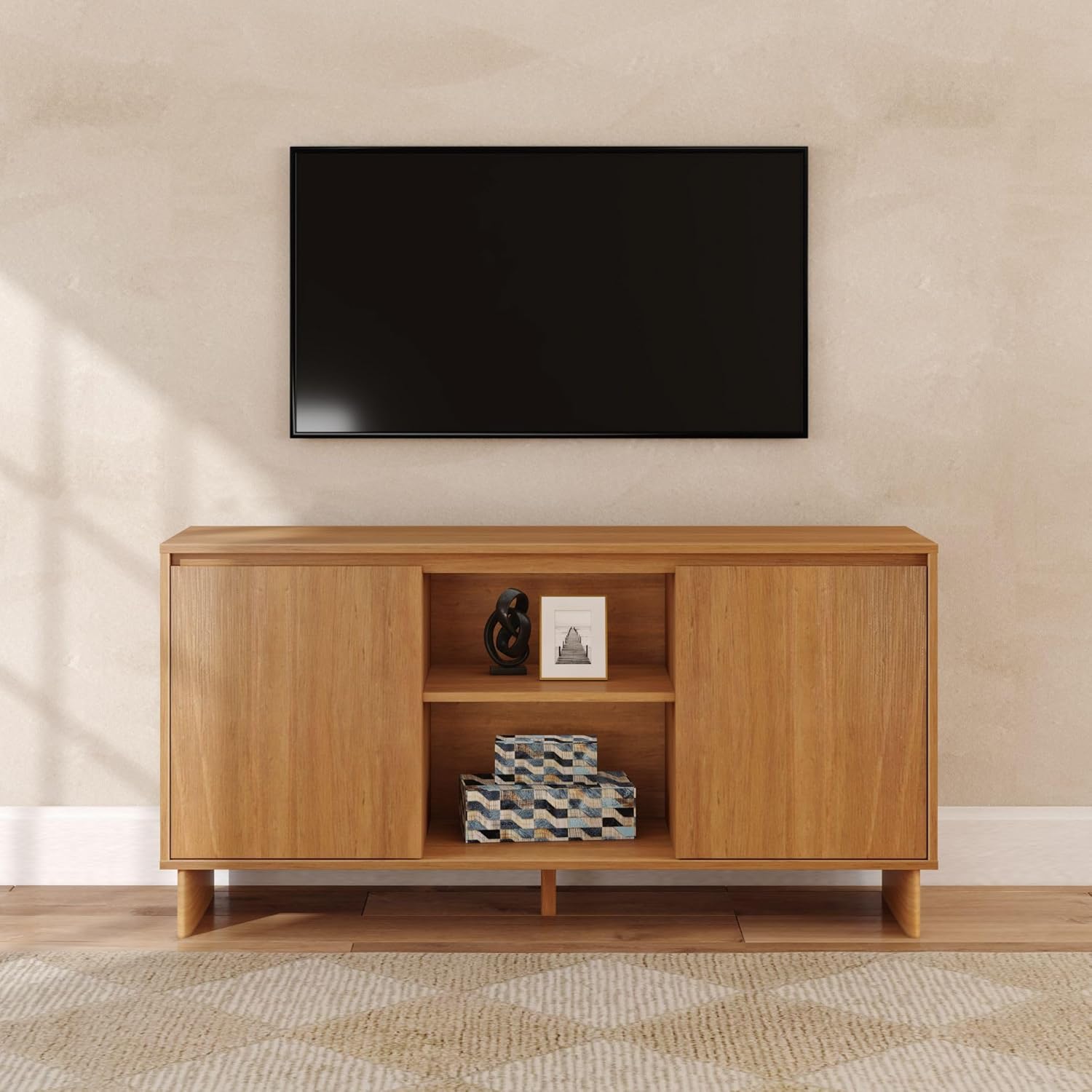 Plank+Beam 59" Modern Sideboard Cabinet, Solid Pine Wood Buffet Table with 2 Doors & Open Shelf, Storage Console for Dining Room or Entryway, Pecan Finish
