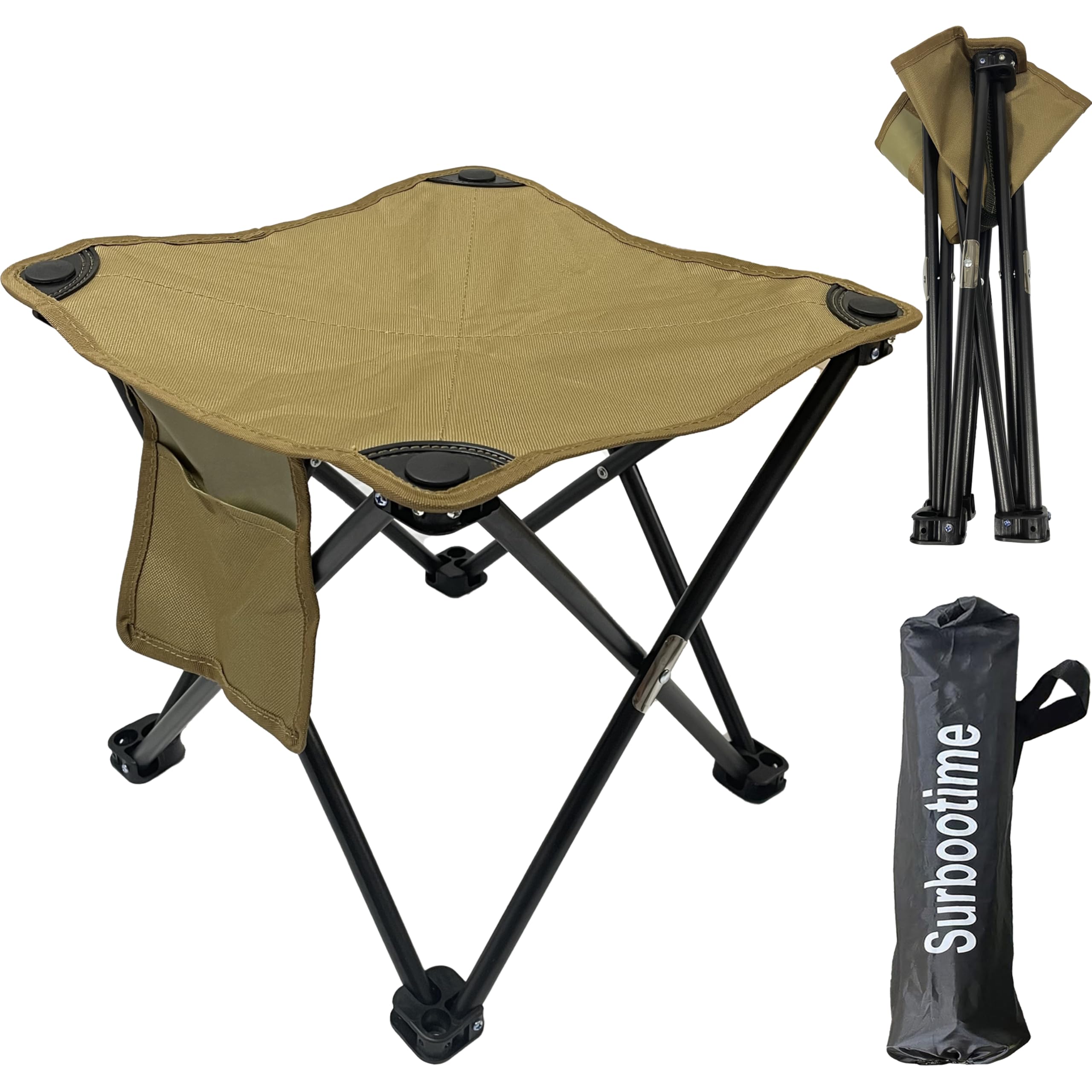 Surbootime Portable folding camping stool, 35 * 35 * 35 cm. Lightweight outdoor chair, foldable garden stool, footstool. Suitable for fishing, picnics, beach barbecues. With side pockets (brown)