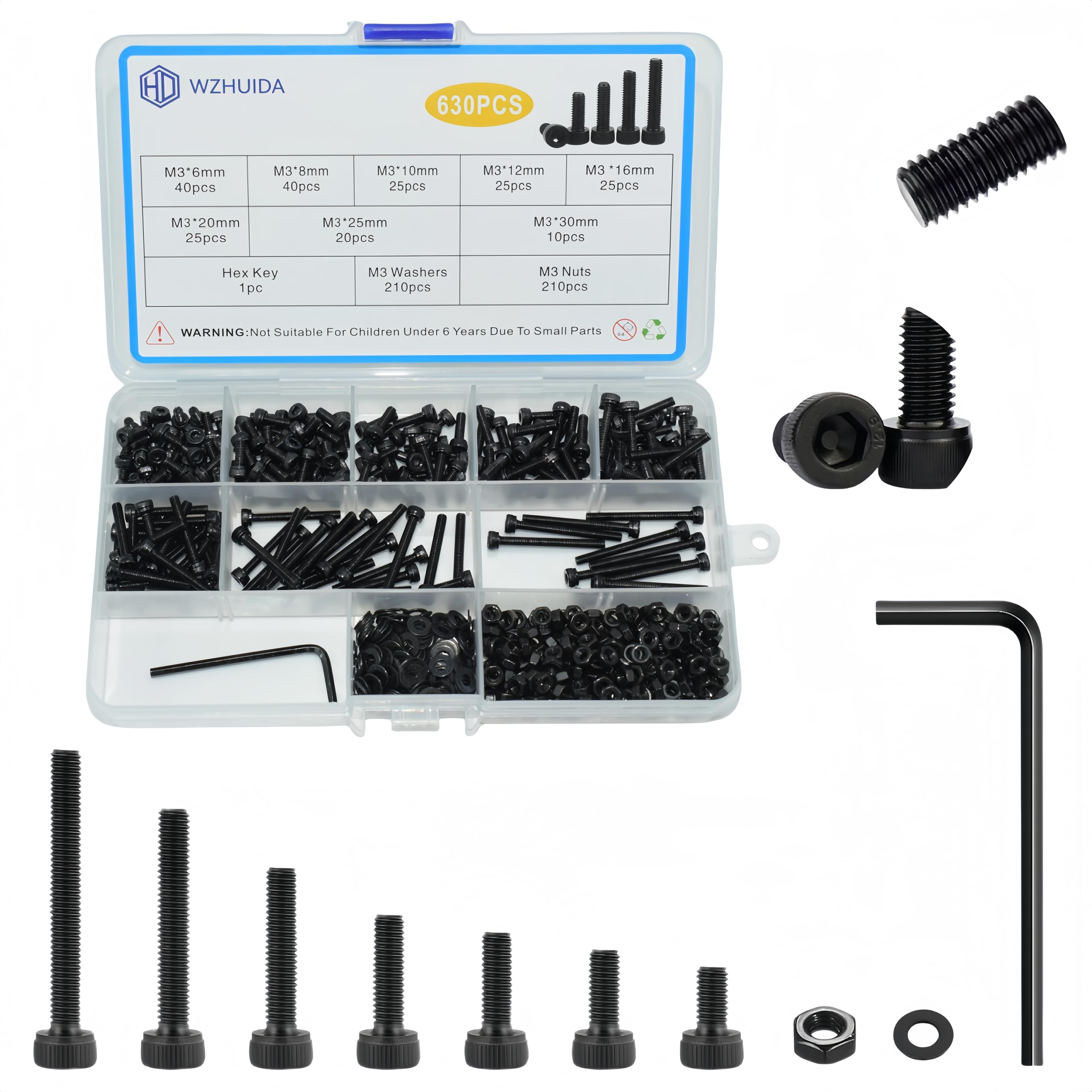 WZHUIDA 630 Piece M3 Screws Set, Black Metric Cylinder Head Screws, Hexagon Socket Screws, Nuts and Washers Assortment Set, Thread Machines, Hex Screws — image 1