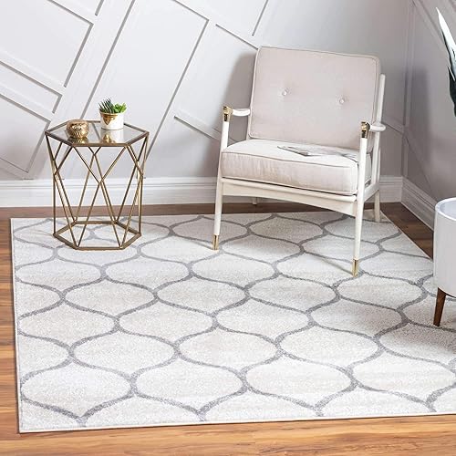 Unique Loom Trellis Frieze Collection Lattice Moroccan Geometric Modern Square Rug, 5 Feet, Ivory/Gray