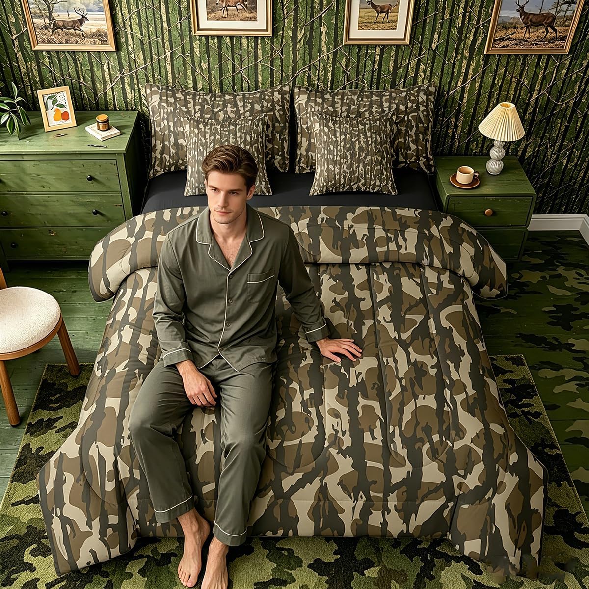 Feelyou Camouflage 7 Piece Bedding Set, Full Size Kids Camo Bed in a Bag, Military Style Bed Set Includes Comforter, Sheet Set, Pillowcases & Pillow Covers Breathable Soft Army Green Room Decor