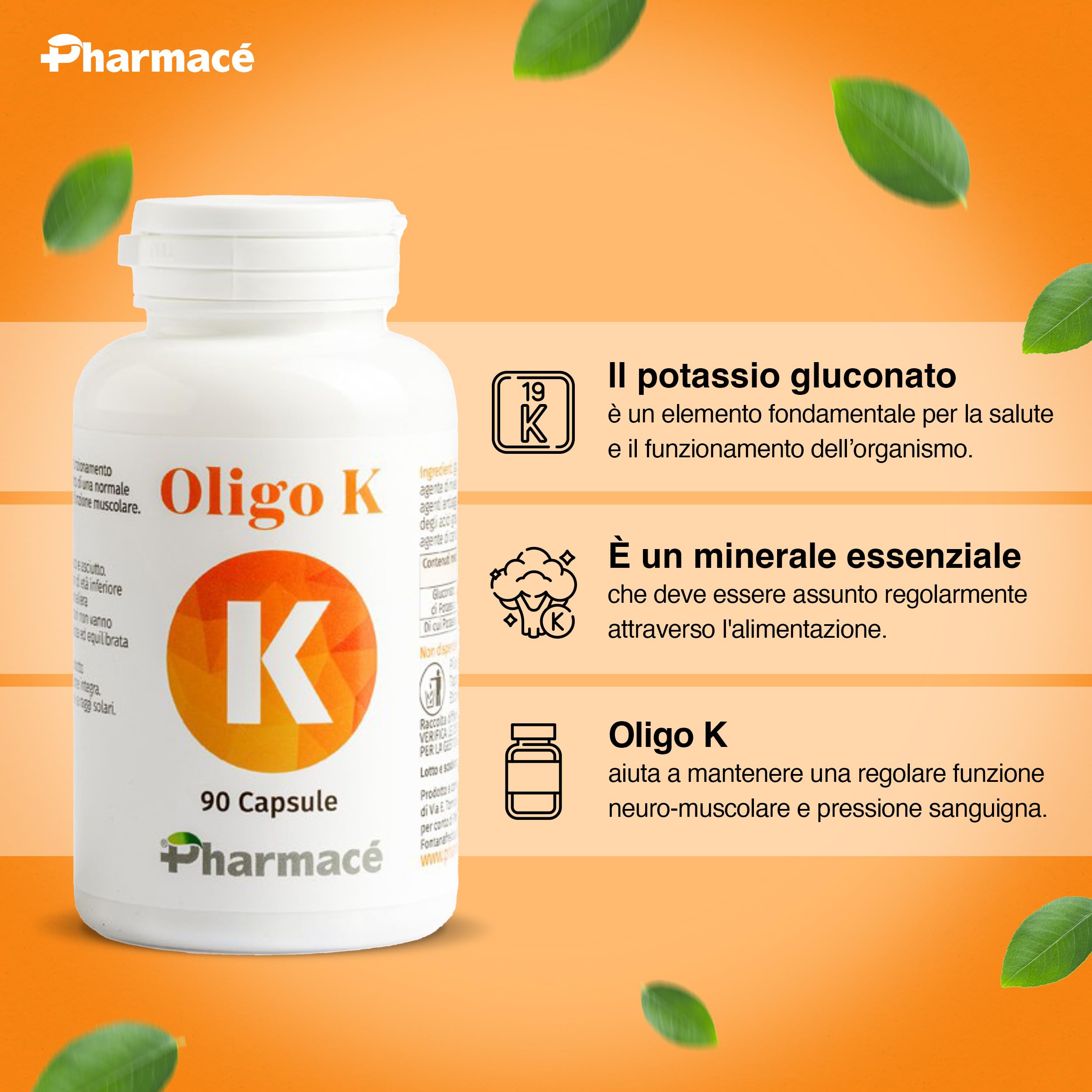 Pharmace' Oligo K - Potassio Gluconato ad Alta Biodisponibilita - 322mg per Compressa - 90 Compresse Senza Glutine e Lattosio - Prodotto in Italia