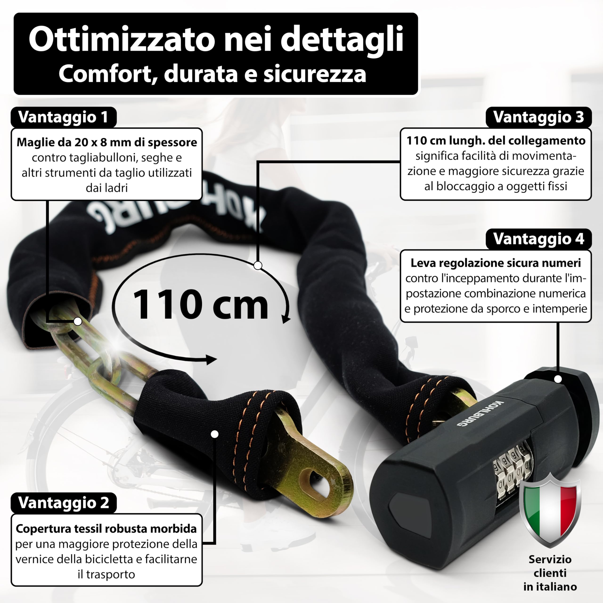 KOHLBURG antifurto massiccio 110 cm a combinazione con massima sicurezza [Sold Secure GOLD] – catena antifurto a combinazione & maglie da 8 mm – antifurto a codice per bici; e‑bike & moto
