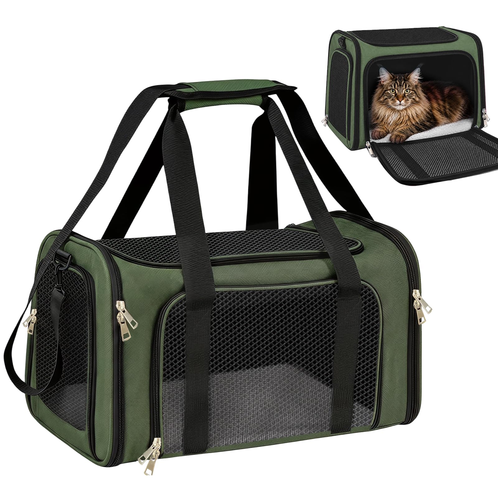 Transportin para Gatos, Transportin para Perros Bolsa, Bolsa Transpirable para Mascotas, Correa Ajustable, Colchon Suave, Soporta 8 kg, para Gatos y Cachorros (Verde, L 43 x A 28 x H 28 cm)