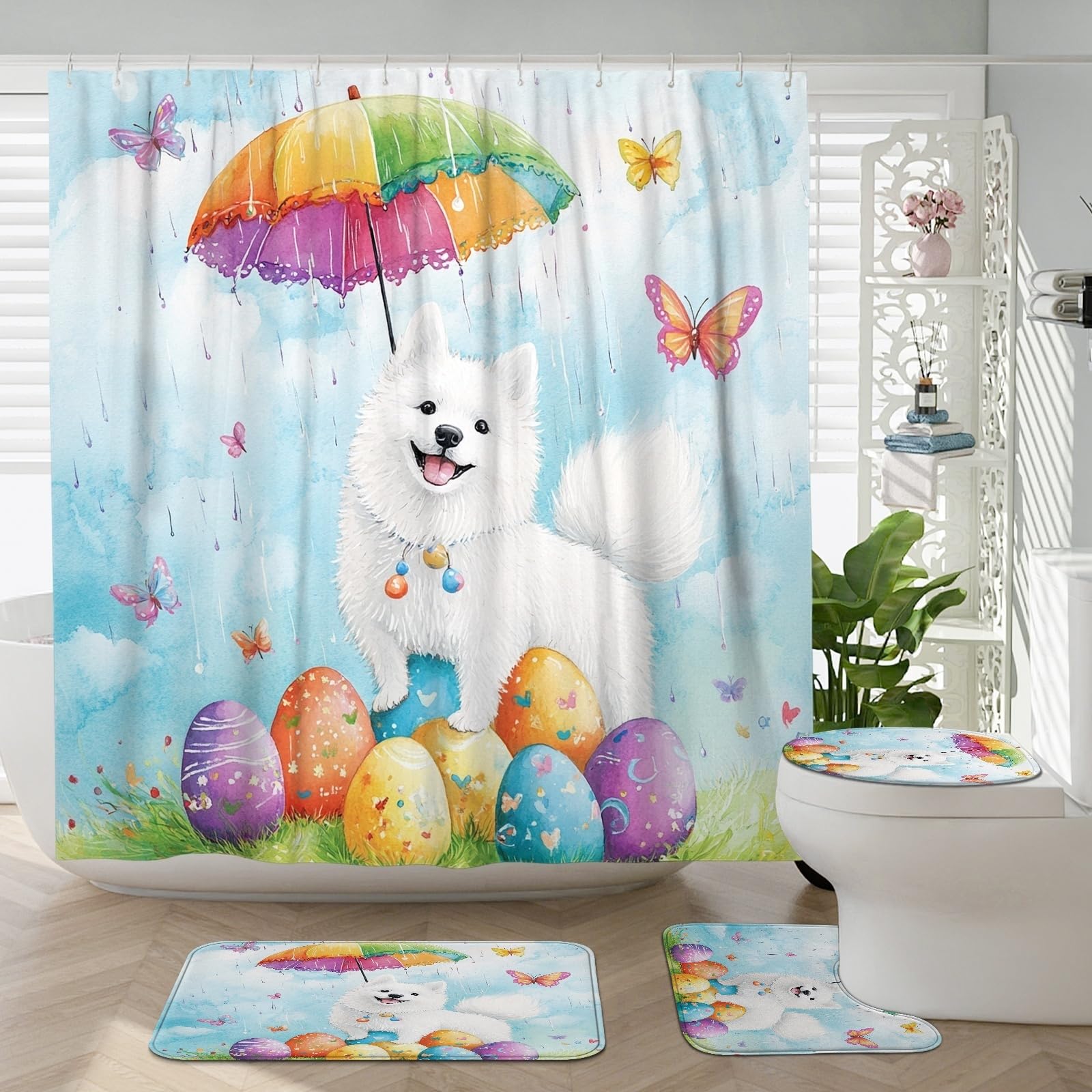 4PCS Spring Easter Samoyed Dog Shower Curtain 72''x72'' with Hooks, Bathroom Accessory Sets with Bath Mat, U Shape Toilet Lid Cover Mat, Fun Umbrella Eggs Bath Polyester Decor