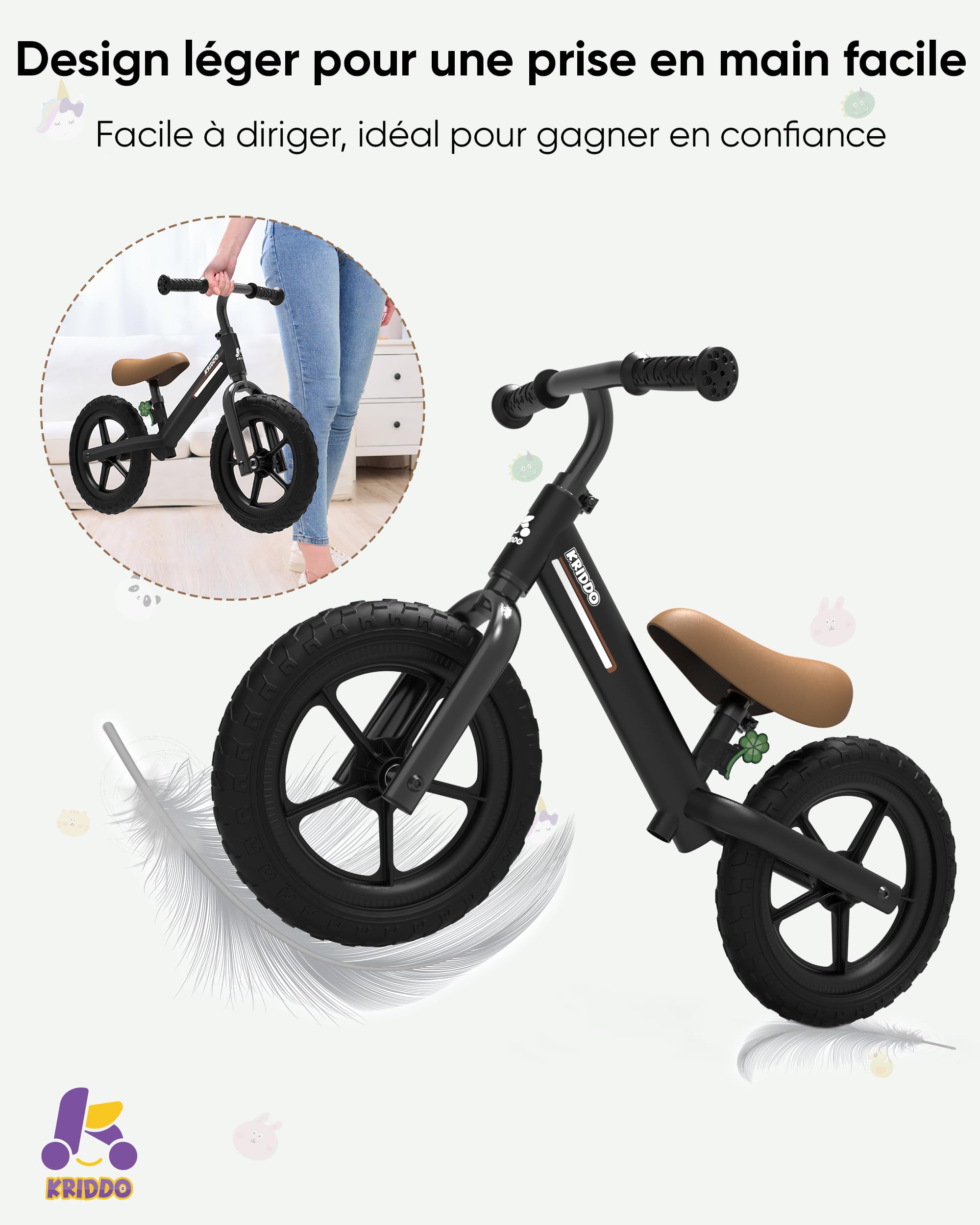 KRIDDO Vélo d'équilibre pour Enfant de 2 à 5 Ans, Double roulement pour Une Conduite Plus Fluide, Plaque Adorable, siège et Guidon réglables, Cadeaux pour Tout-Petits de 2 à 3 Ans