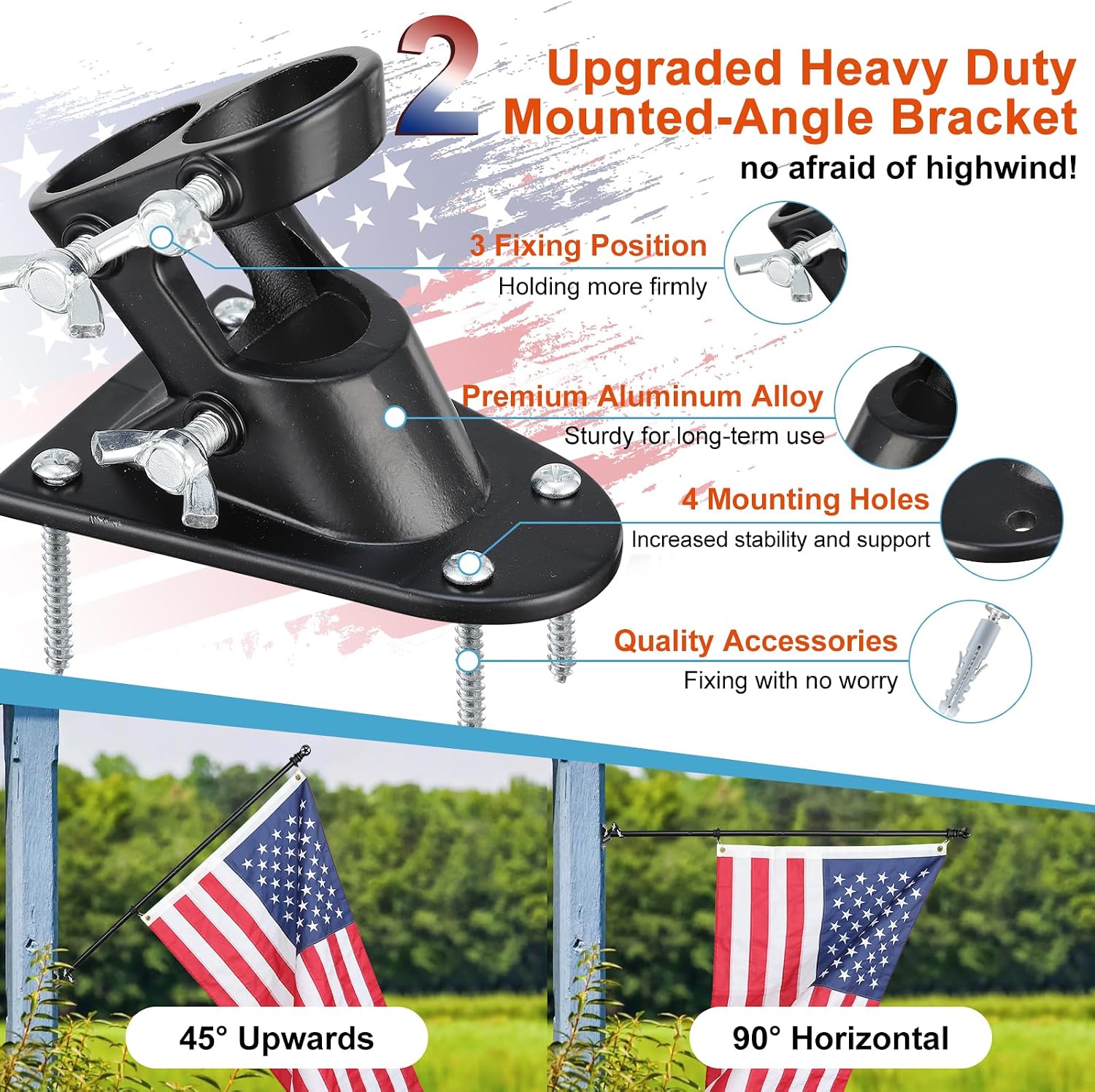 Flag Pole for Outside House, 7ft Tangle-Free Wall Mount Flagpole Kit with Ball Bearing Rings, Stainless Steel Rustproof for Outdoor, Heavy Duty Metal Bracket for Residential Porch Garage,Black