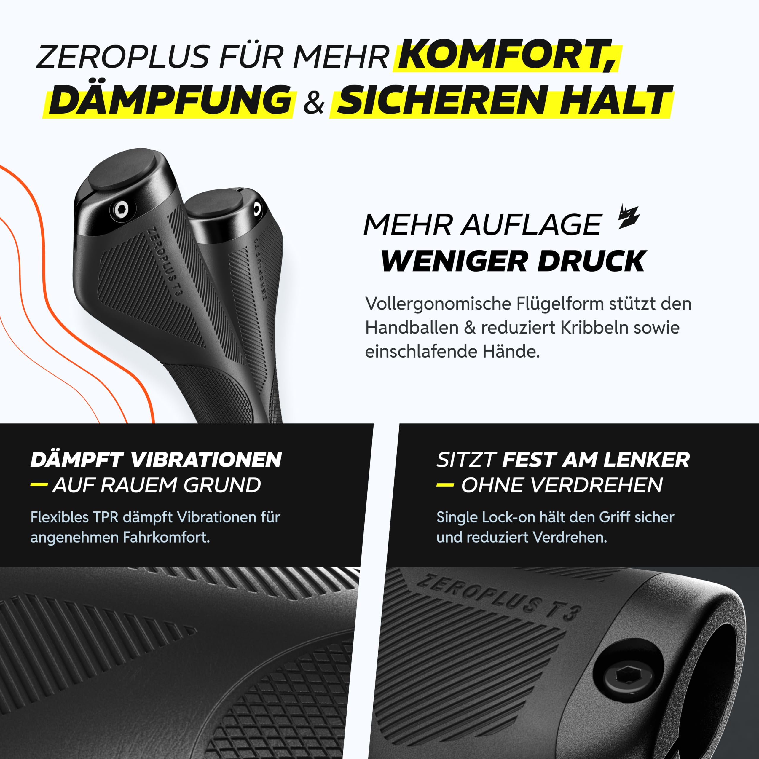 Alphatrail ZeroPlus Fahrradgriffe ergonomisch mit Flügelgriff & Handballenauflage, Lock-On Lenkergriffe 22,2 mm, 1 Paar, Ergo-Griffe für Fahrrad, E-Bike, Trekking & City