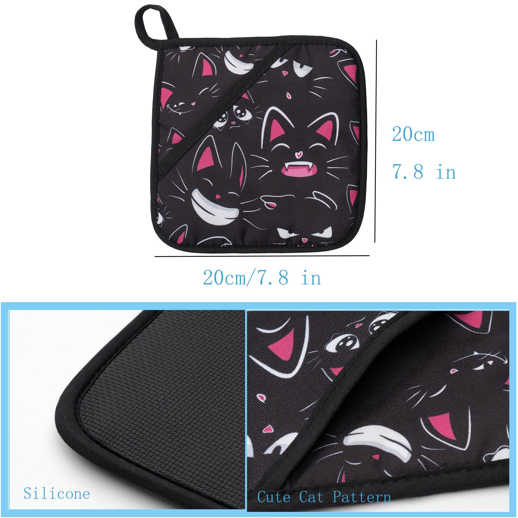 Pot Holders with Pocket, Kitchen Hot Pads Cooking Pot Holder with Cute Cat Cartoon Pattern Design Neoprene Potholder for Baking BBQ